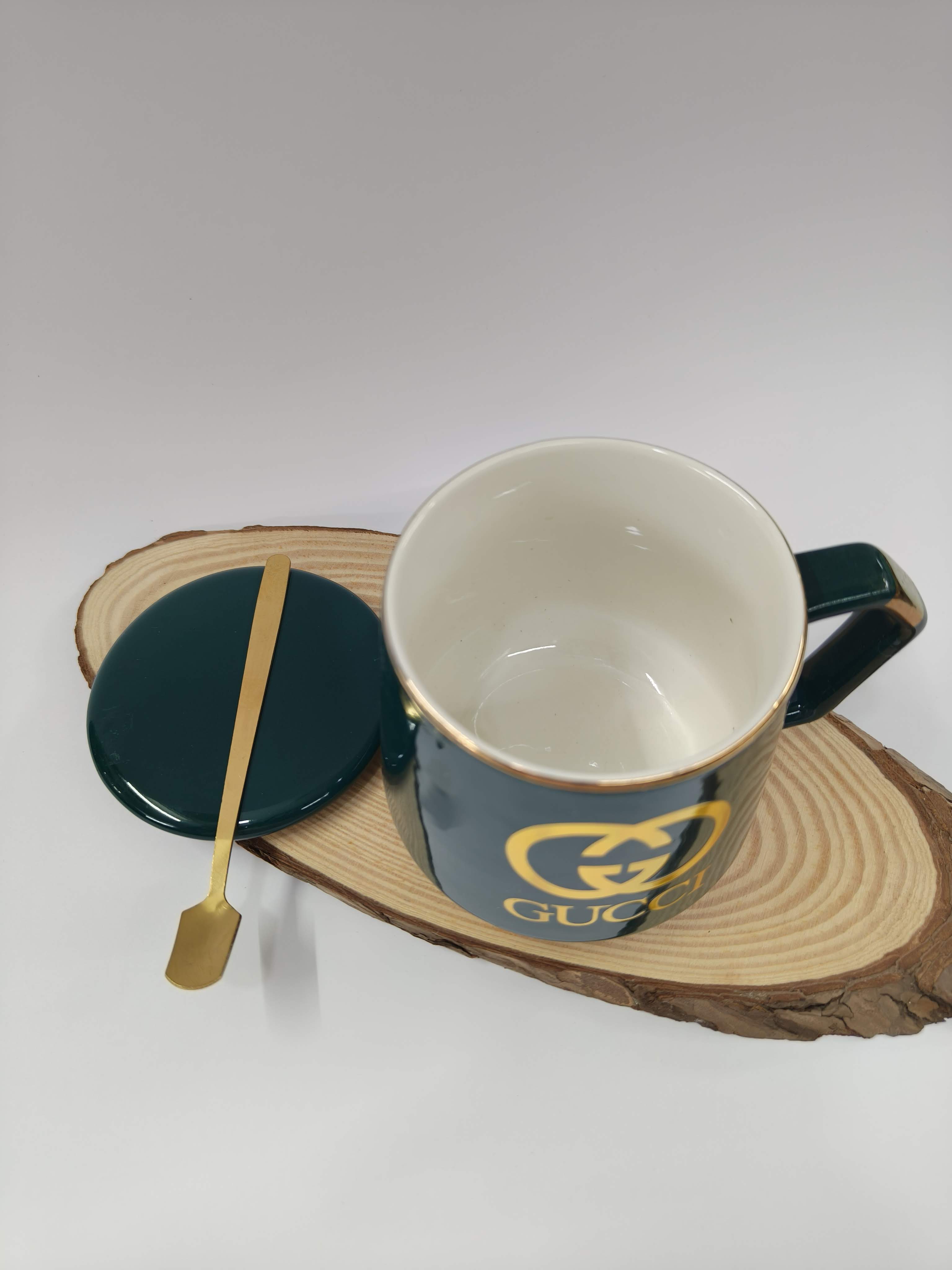 Premium Ceramic Coffee Mug with Lid and Spoon | Golden Rim 350 ml Mug | Classy Gifting Choice