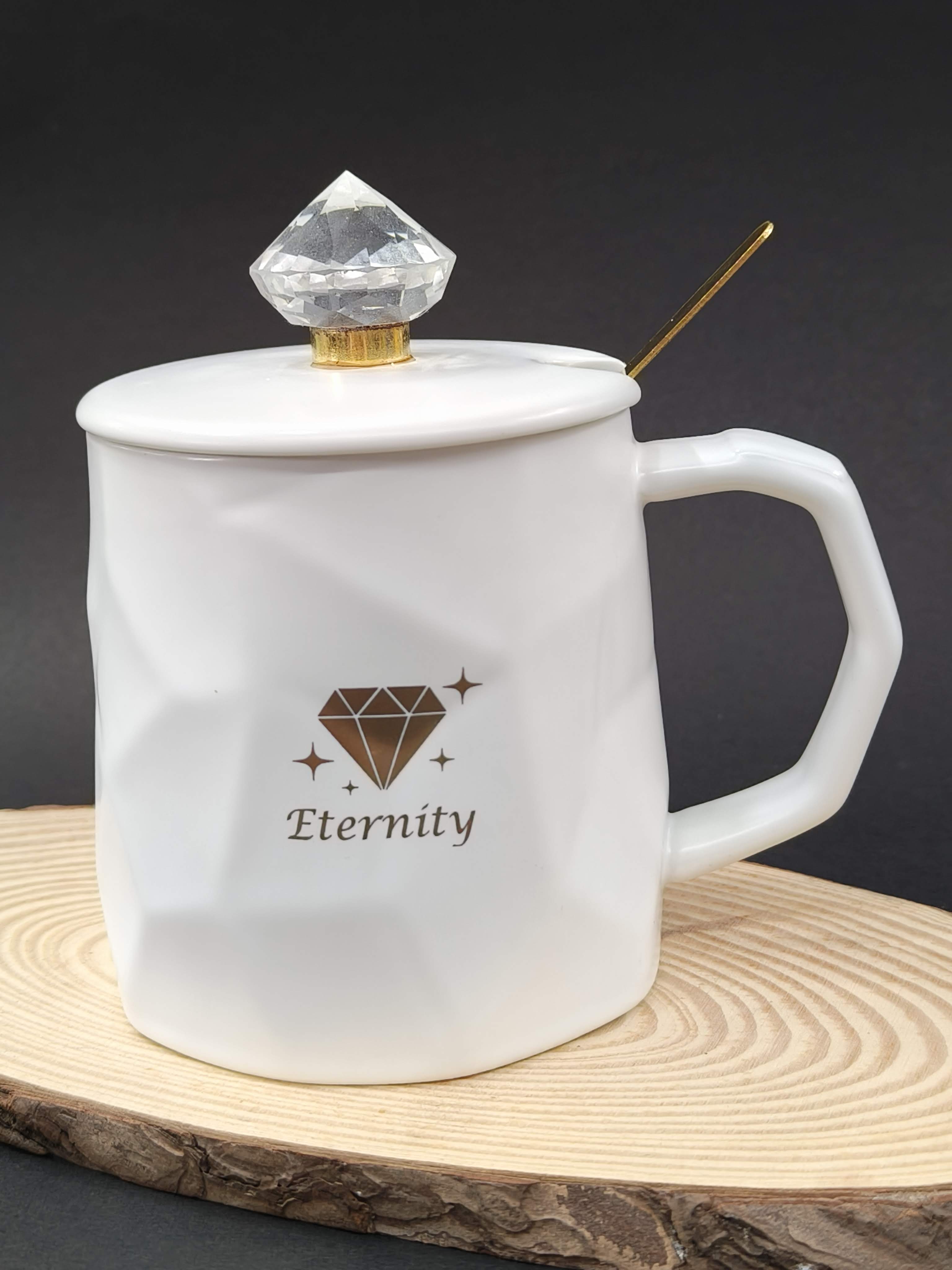 Classy Tea Coffee Ceramic Mug | Diamond Cut Valentine Mug with Diamond Lid and Golden Spoon - Set of 1