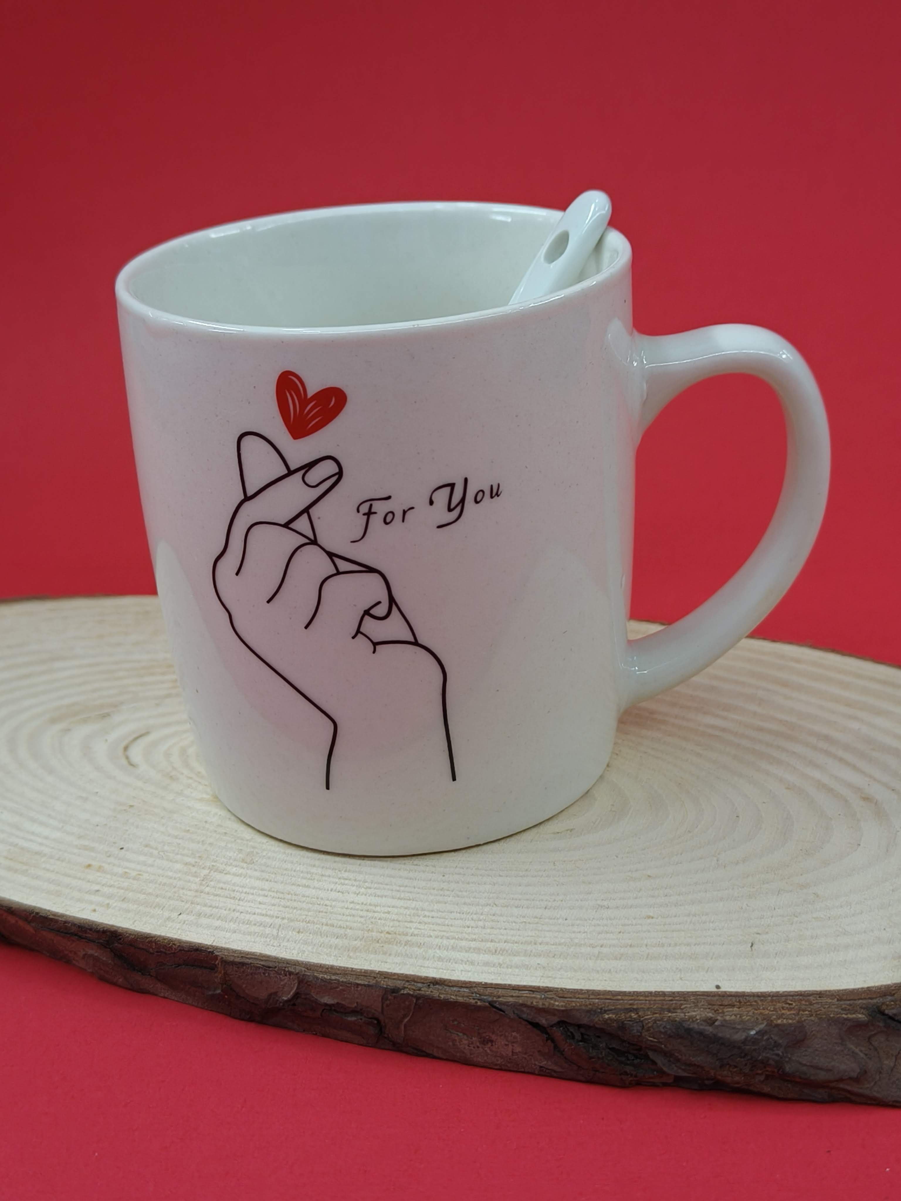 Romantic Finger Heart and Infinity Tea Coffee Mug For Your Valentine | Ceramic Mug with Ceramic Spoon