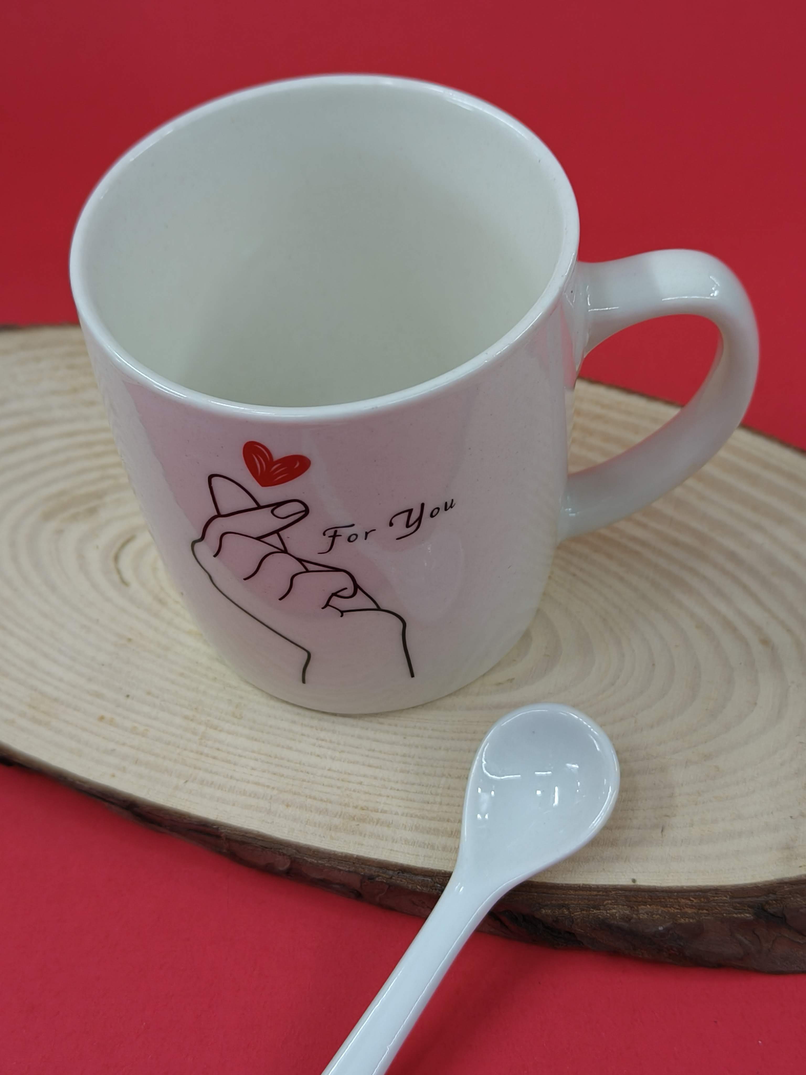 Romantic Finger Heart and Infinity Tea Coffee Mug For Your Valentine | Ceramic Mug with Ceramic Spoon