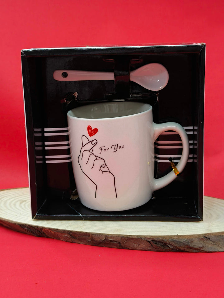 Romantic Finger Heart and Infinity Tea Coffee Mug For Your Valentine | Ceramic Mug with Ceramic Spoon