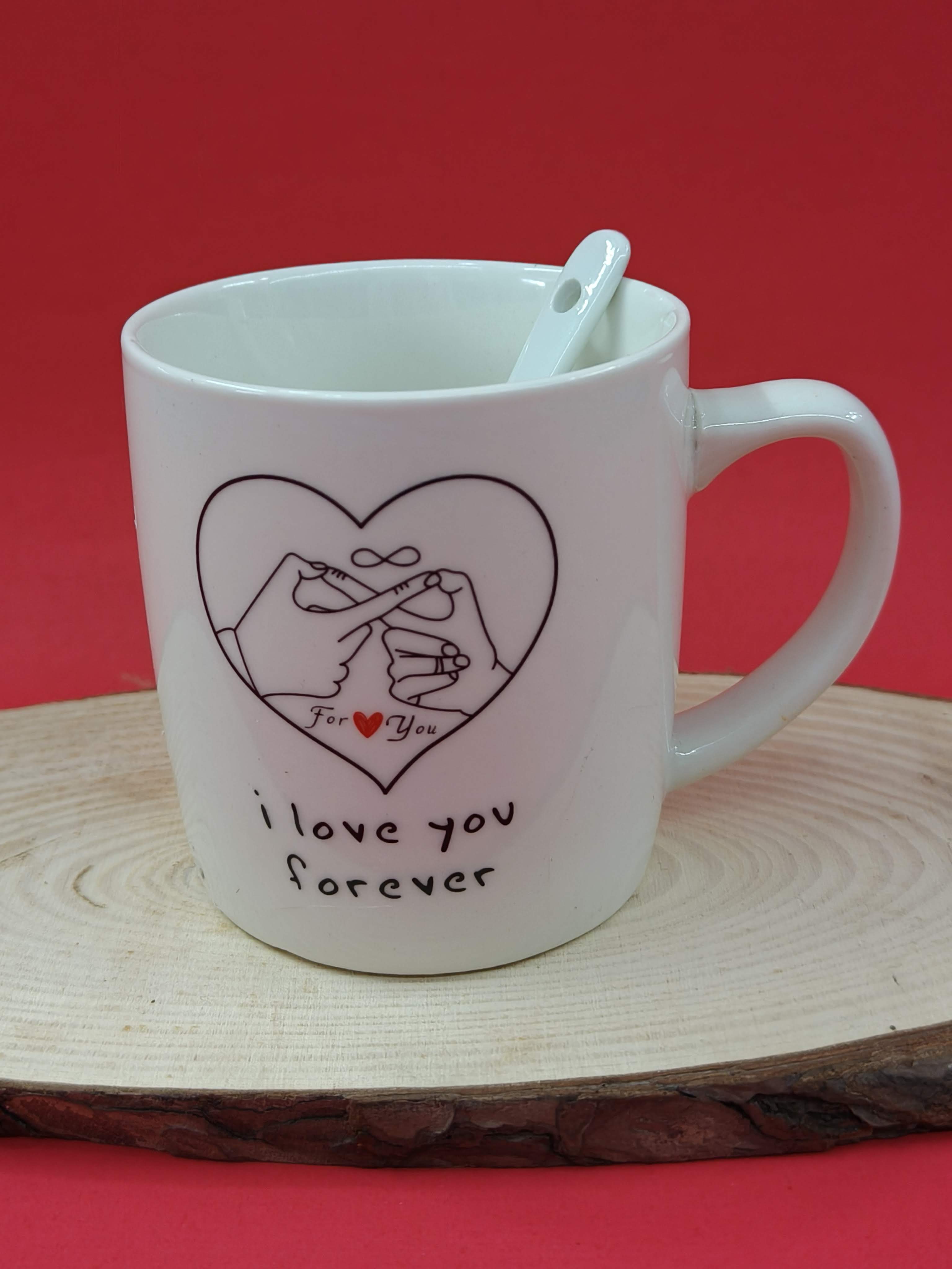 Romantic Finger Heart and Infinity Tea Coffee Mug For Your Valentine | Ceramic Mug with Ceramic Spoon