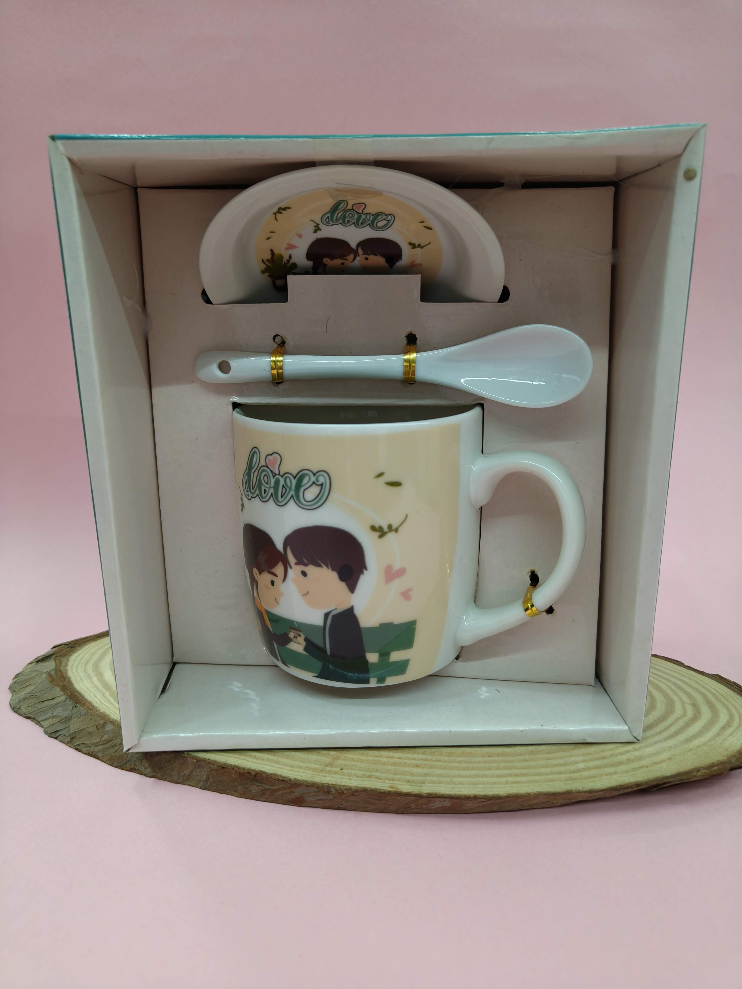 Ceramic Love Theme Coffee Mug with Ceramic Spoon and Lid | White Romantic Couple Design | Valentine's Day Gift, Anniversary, Engagement