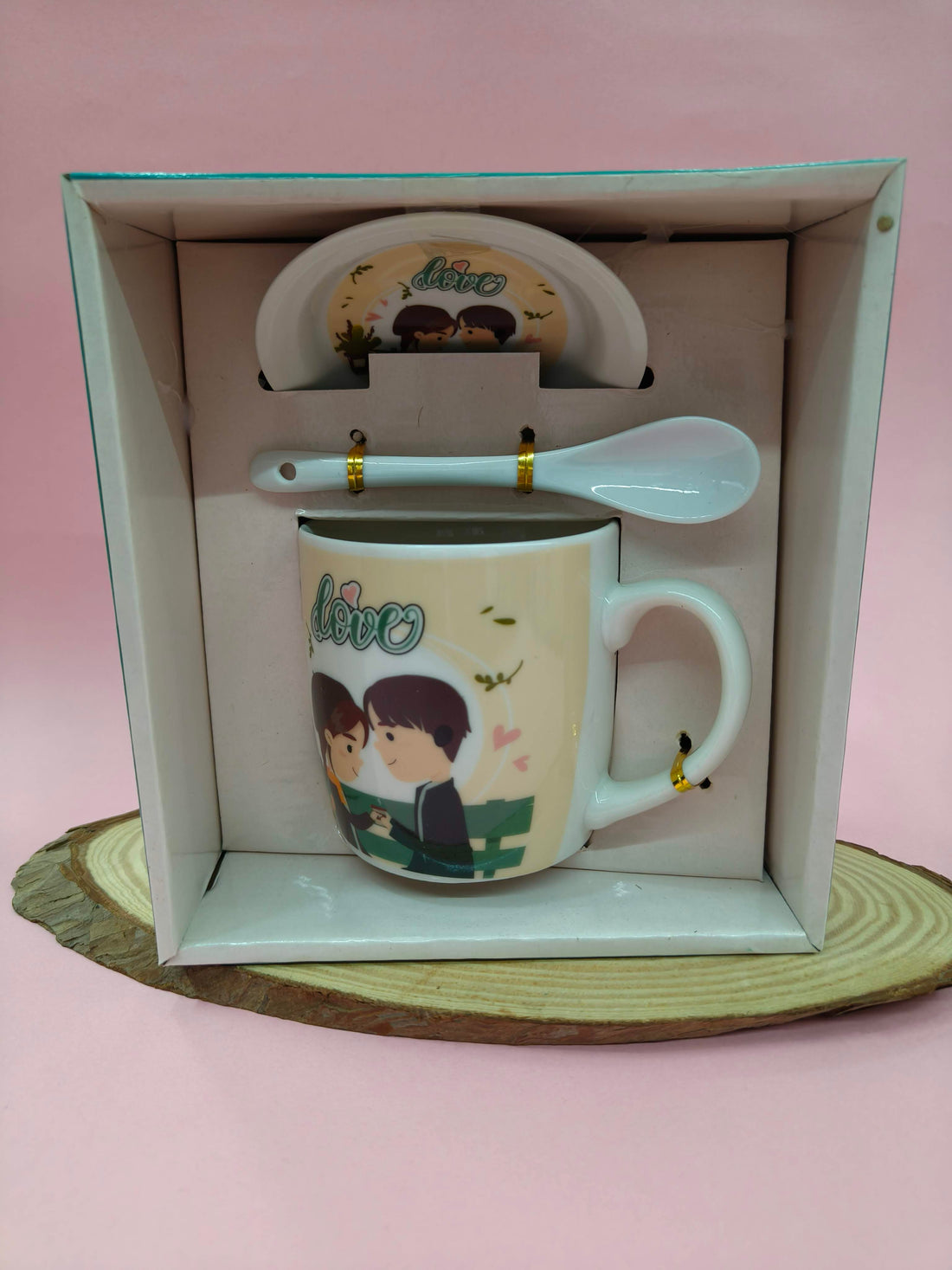 Ceramic Love Theme Coffee Mug with Ceramic Spoon and Lid | White Romantic Couple Design | Valentine's Day Gift, Anniversary, Engagement