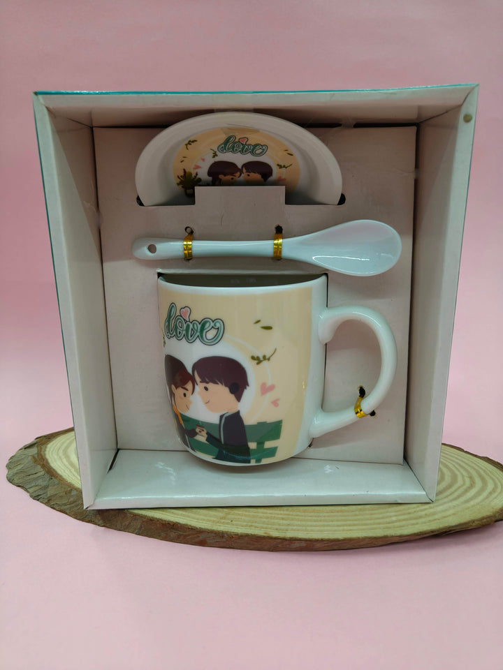 Ceramic Love Theme Coffee Mug with Ceramic Spoon and Lid | White Romantic Couple Design | Valentine's Day Gift, Anniversary, Engagement