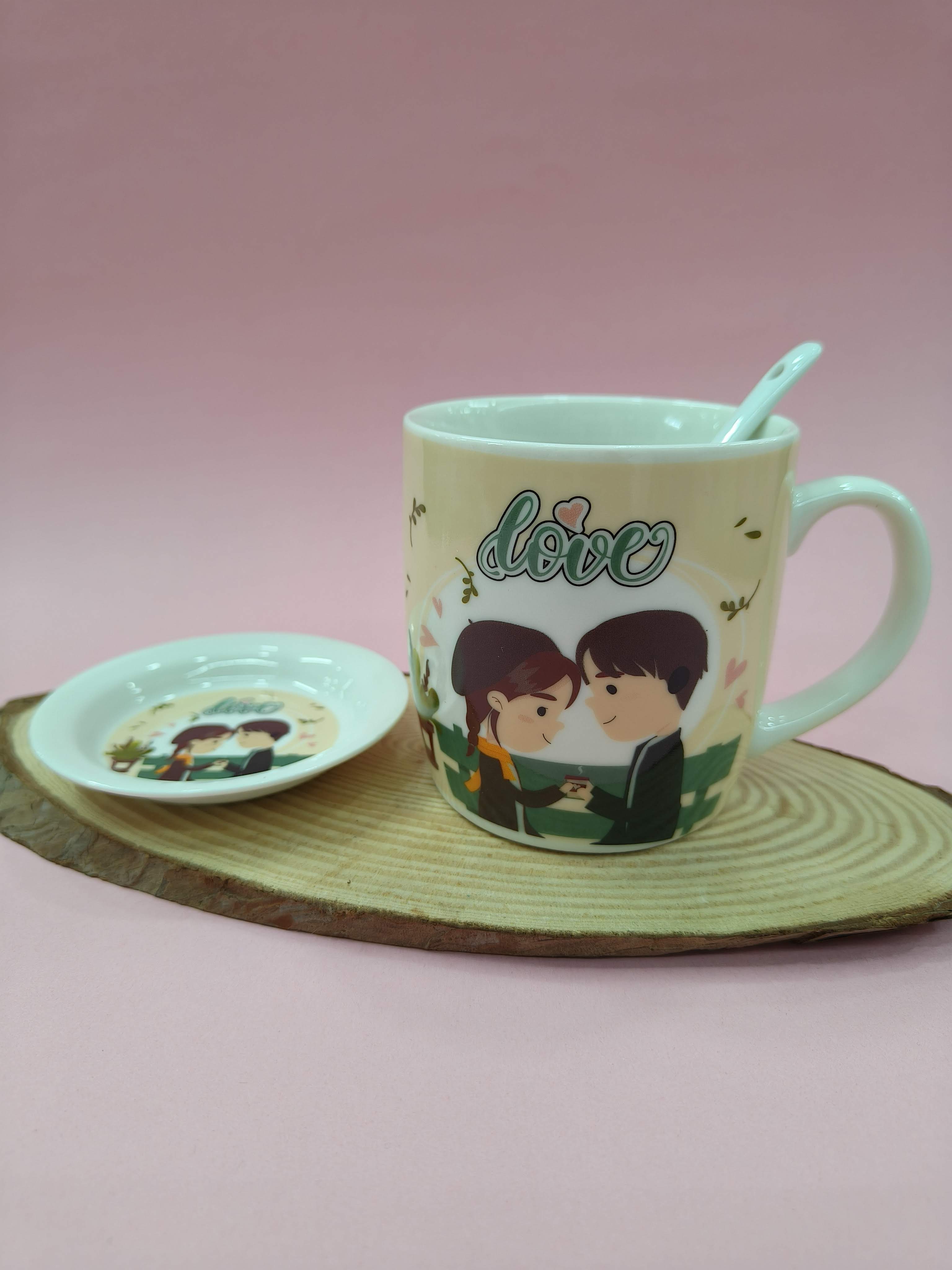 Ceramic Love Theme Coffee Mug with Ceramic Spoon and Lid | White Romantic Couple Design | Valentine's Day Gift, Anniversary, Engagement
