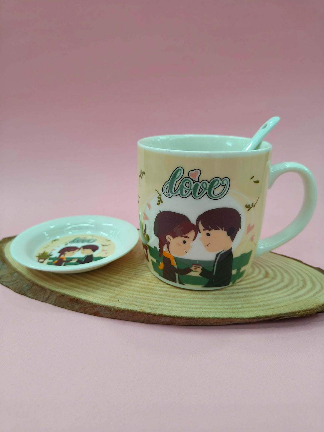 Ceramic Love Theme Coffee Mug with Ceramic Spoon and Lid | White Romantic Couple Design | Valentine's Day Gift, Anniversary, Engagement