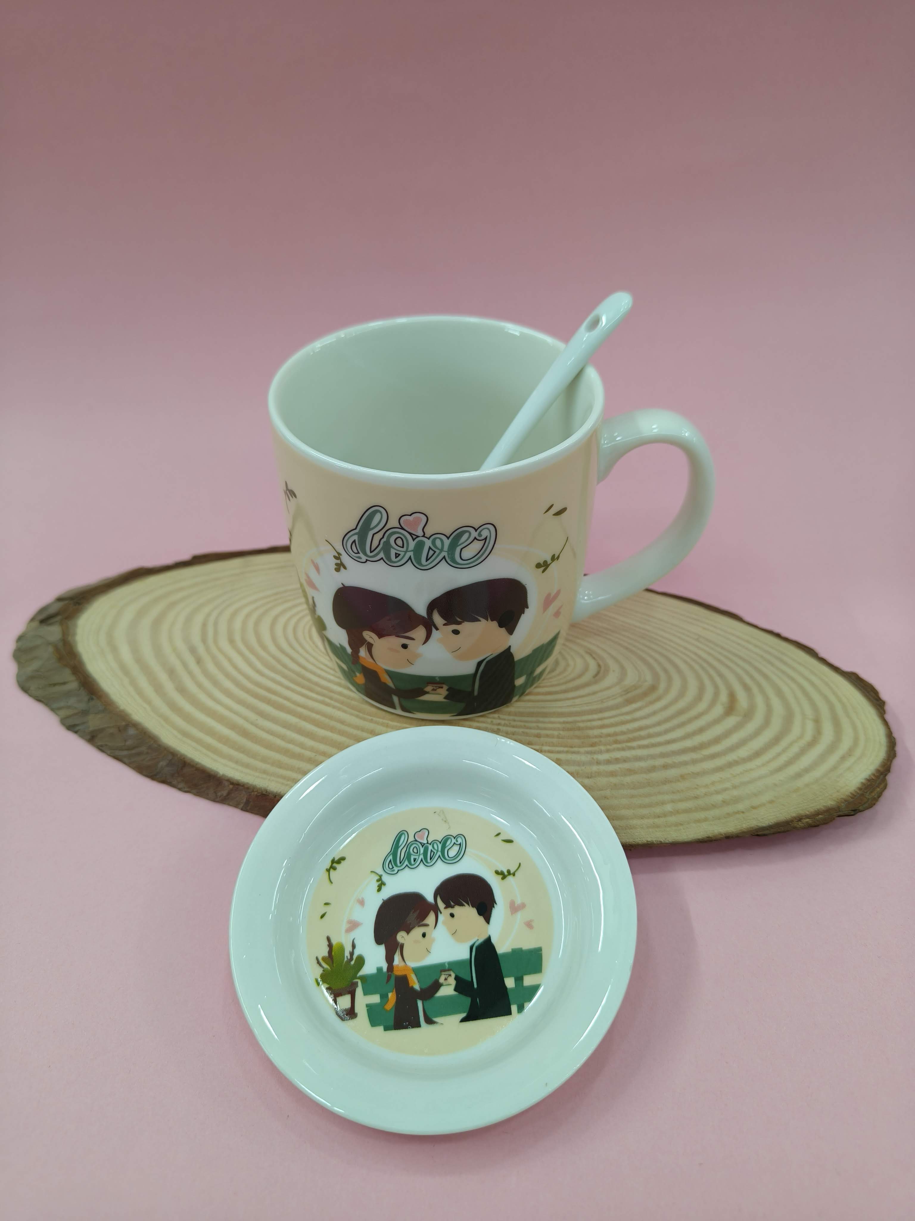 Ceramic Love Theme Coffee Mug with Ceramic Spoon and Lid | White Romantic Couple Design | Valentine's Day Gift, Anniversary, Engagement