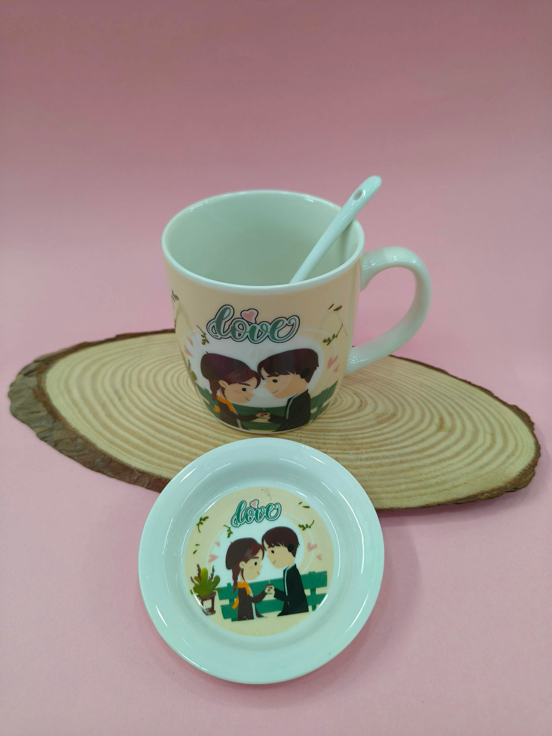 Ceramic Love Theme Coffee Mug with Ceramic Spoon and Lid | White Romantic Couple Design | Valentine's Day Gift, Anniversary, Engagement