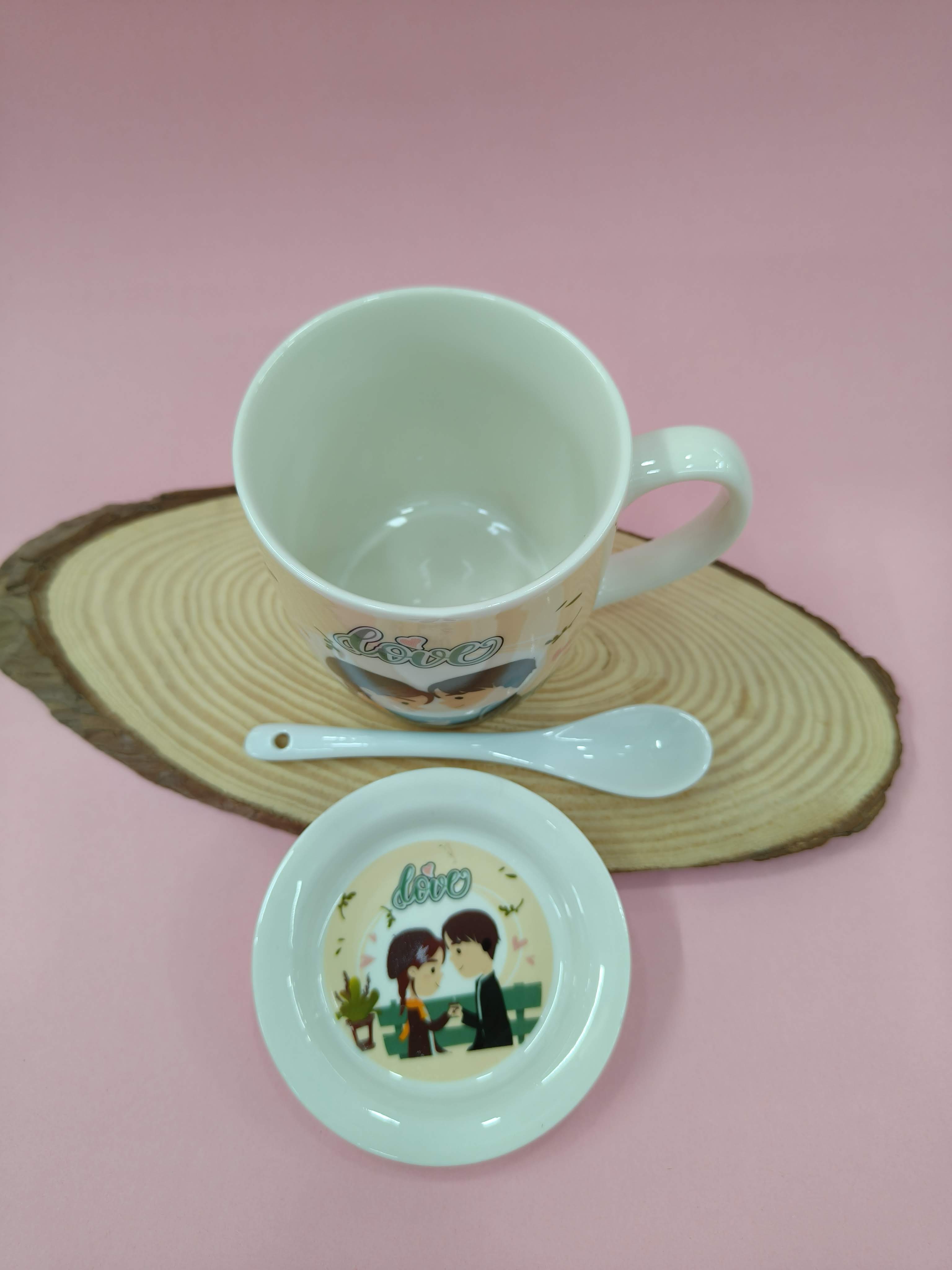 Ceramic Love Theme Coffee Mug with Ceramic Spoon and Lid | White Romantic Couple Design | Valentine's Day Gift, Anniversary, Engagement
