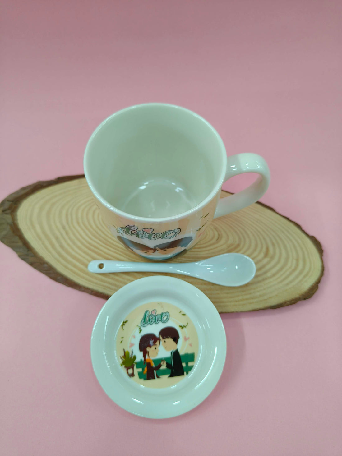 Ceramic Love Theme Coffee Mug with Ceramic Spoon and Lid | White Romantic Couple Design | Valentine's Day Gift, Anniversary, Engagement