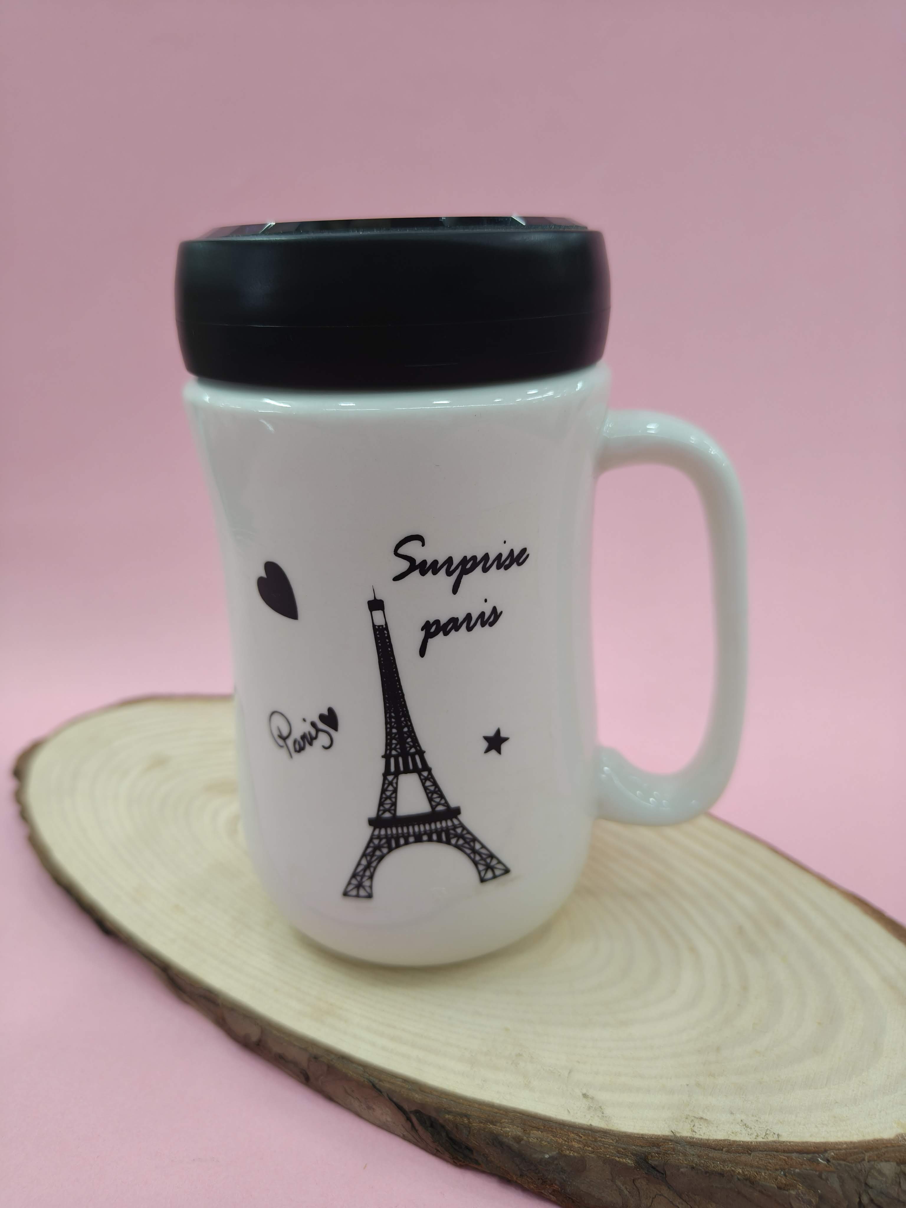 Coffee Mug with Black Mirror Lid | 400 ml White Tea & Coffee Mug | Premium Gift for Birthday, Anniversary, Office, Home Use (White Eiffel Tower)