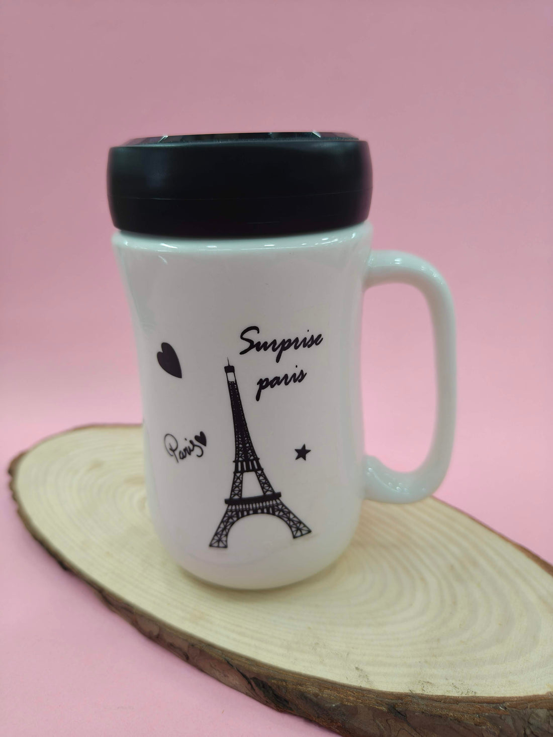 Coffee Mug with Black Mirror Lid | 400 ml White Tea & Coffee Mug | Premium Gift for Birthday, Anniversary, Office, Home Use (White Eiffel Tower)