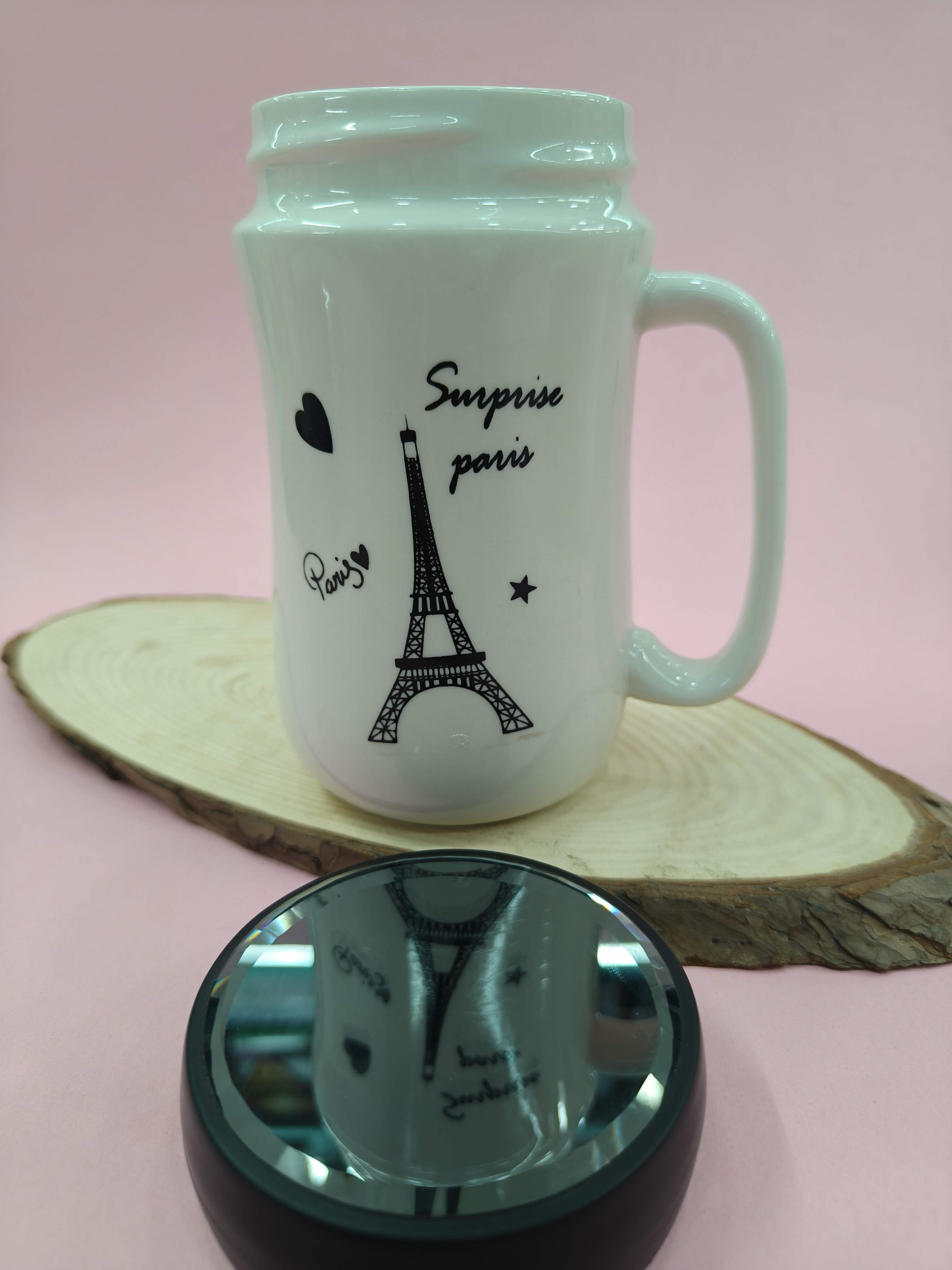 Coffee Mug with Black Mirror Lid | 400 ml White Tea & Coffee Mug | Premium Gift for Birthday, Anniversary, Office, Home Use (White Eiffel Tower)