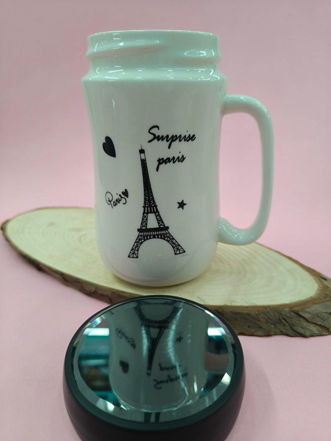 Coffee Mug with Black Mirror Lid | 400 ml White Tea & Coffee Mug | Premium Gift for Birthday, Anniversary, Office, Home Use (White Eiffel Tower)