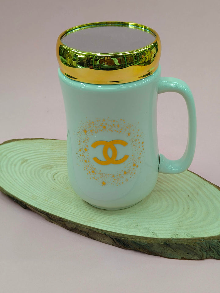 Ceramic Coffee Mug with Golden Mirror Lid | 400 ml White Tea & Coffee Mug | Premium Gift for Birthday, Anniversary, Office, Home Use