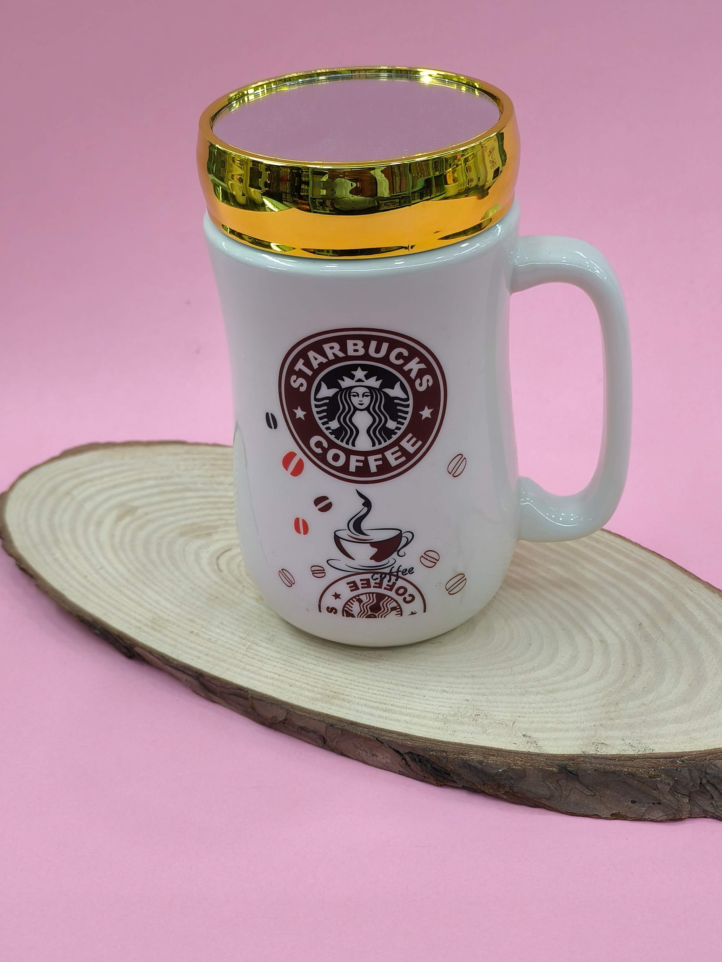 Ceramic Coffee Mug with Golden Mirror Lid | 400 ml White Tea & Coffee Mug | Premium Gift for Birthday, Anniversary, Office, Home Use