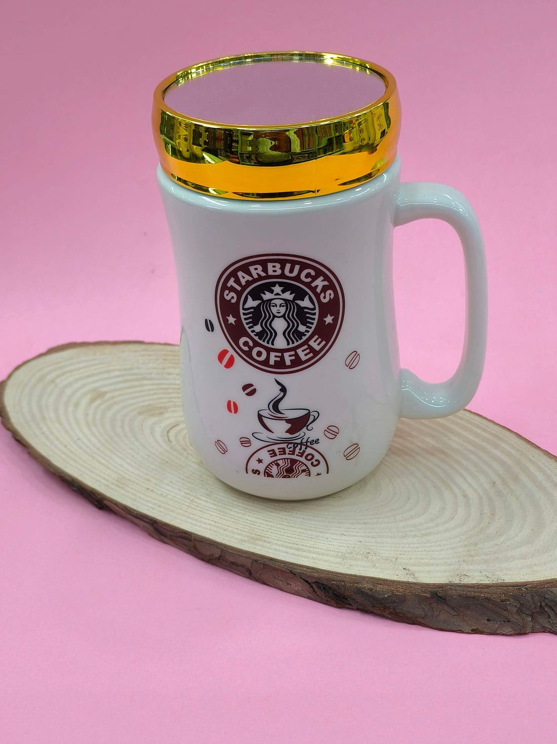 Ceramic Coffee Mug with Golden Mirror Lid | 400 ml White Tea & Coffee Mug | Premium Gift for Birthday, Anniversary, Office, Home Use