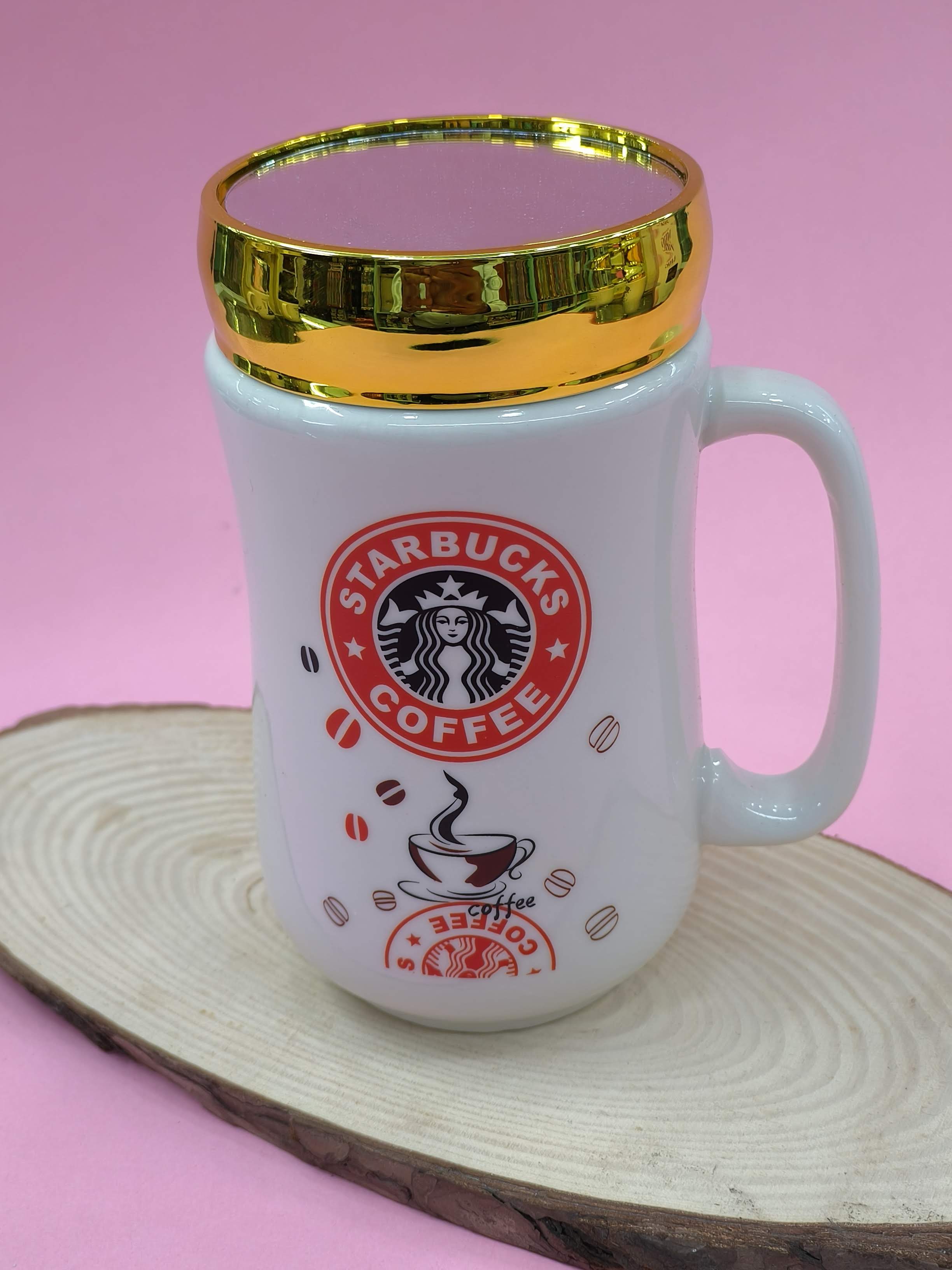 Ceramic Coffee Mug with Golden Mirror Lid | 400 ml White Tea & Coffee Mug | Premium Gift for Birthday, Anniversary, Office, Home Use