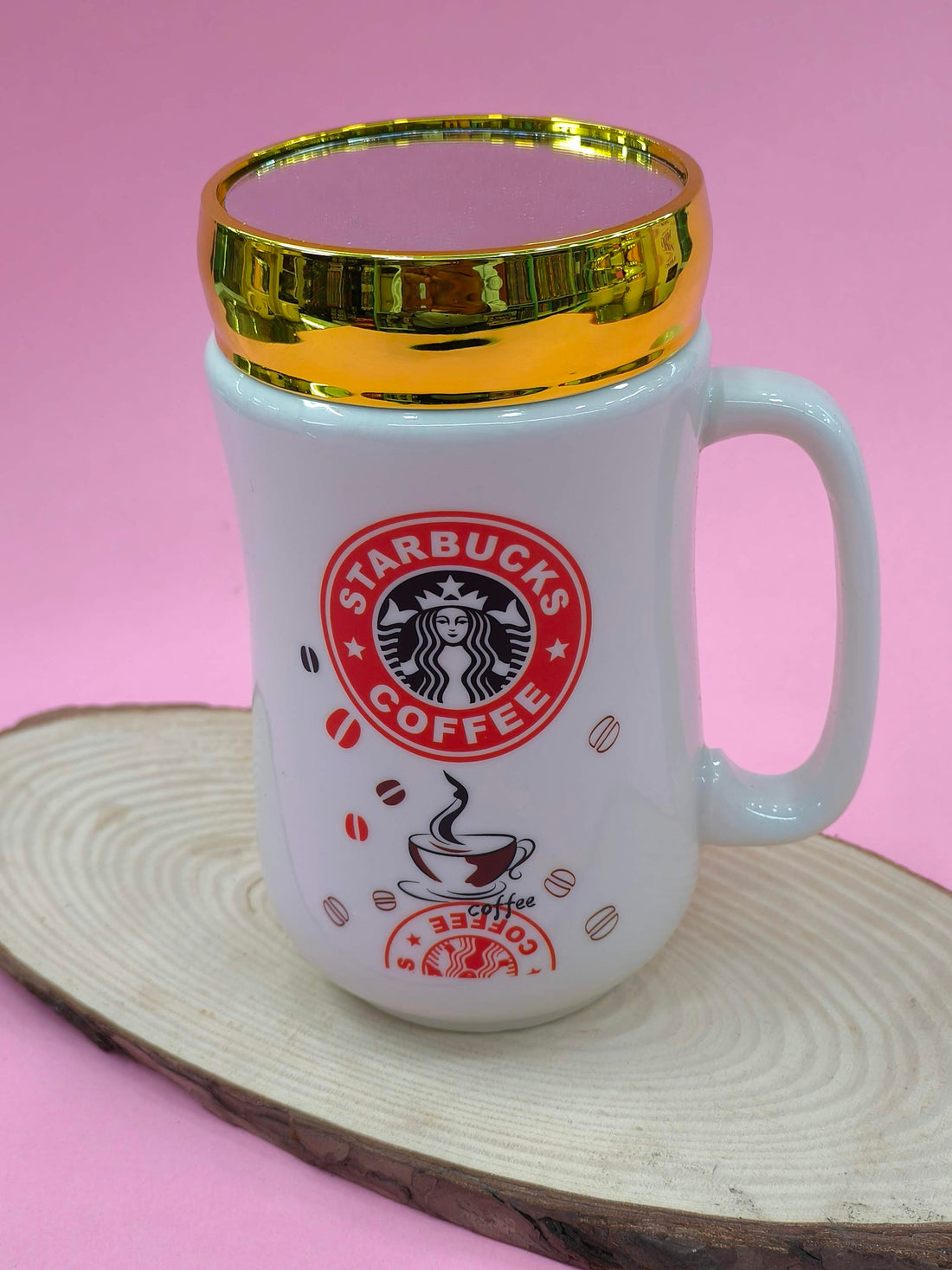 Ceramic Coffee Mug with Golden Mirror Lid | 400 ml White Tea & Coffee Mug | Premium Gift for Birthday, Anniversary, Office, Home Use