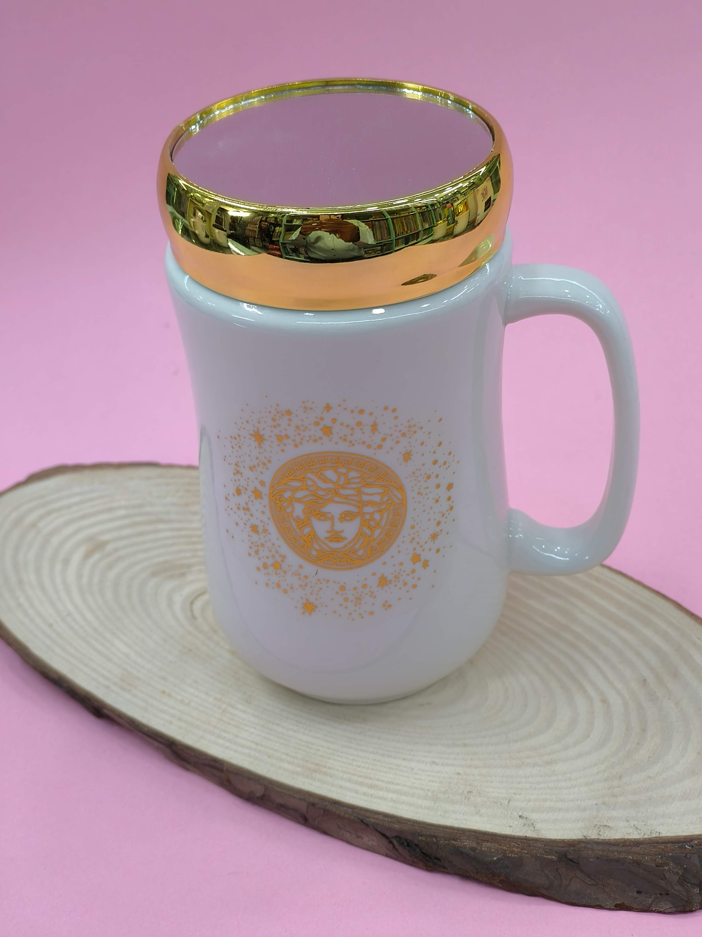 Ceramic Coffee Mug with Golden Mirror Lid | 400 ml White Tea & Coffee Mug | Premium Gift for Birthday, Anniversary, Office, Home Use