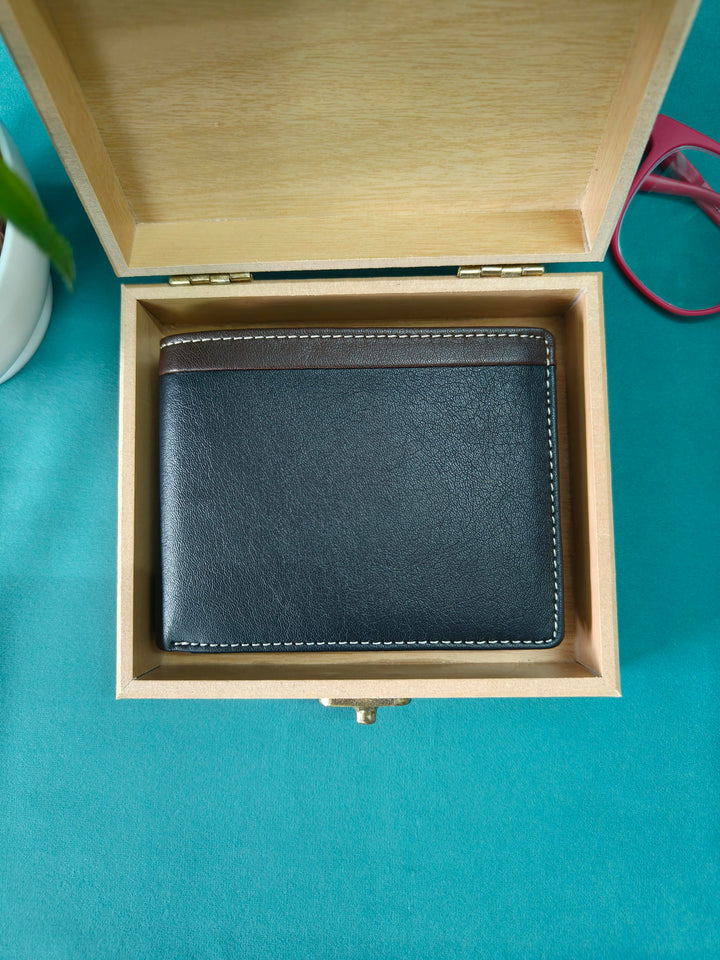 Premium PU Leather Wallet for Men with Wooden Gift Box | Bifold Wallet with Multiple Card Slot and Coin Pouch | Gift for Men, Husband, Brother, Father, Colleague, Friend | Personalized Gift for Males