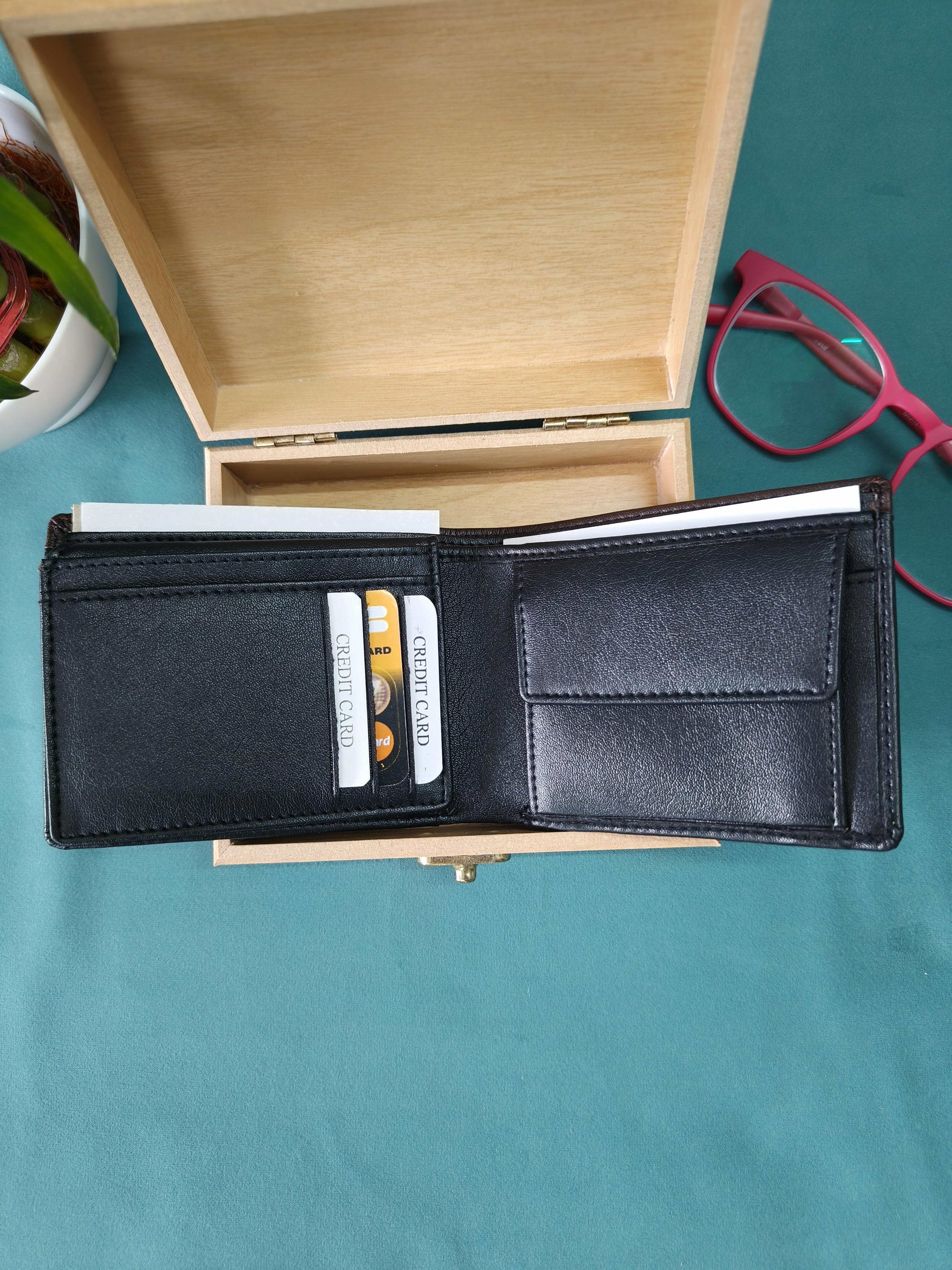 Premium PU Leather Wallet for Men with Wooden Gift Box | Bifold Wallet with Multiple Card Slot and Coin Pouch | Gift for Men, Husband, Brother, Father, Colleague, Friend | Personalized Gift for Males