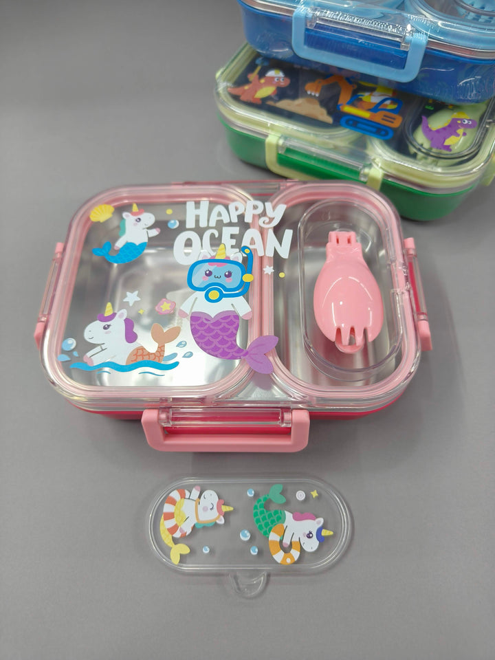 2 Compartments Stainless Steel Lunch Box for Kids | 600ml SS 304 Leakproof Lunch Box with Spoon-Fork | Cute Cartoon Bento Box | BPA-Free School Lunch Box