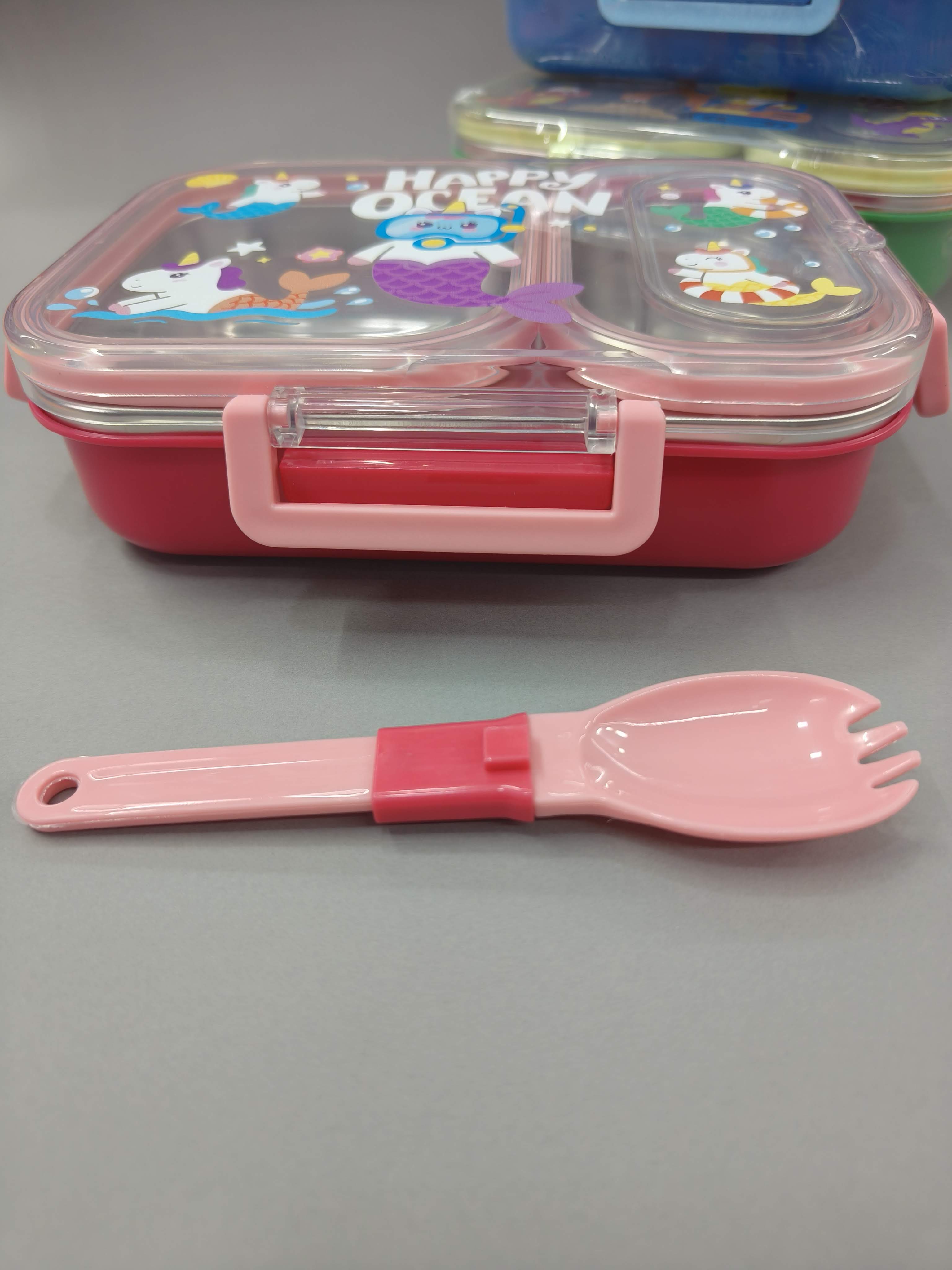 2 Compartments Stainless Steel Lunch Box for Kids | 600ml SS 304 Leakproof Lunch Box with Spoon-Fork | Cute Cartoon Bento Box | BPA-Free School Lunch Box