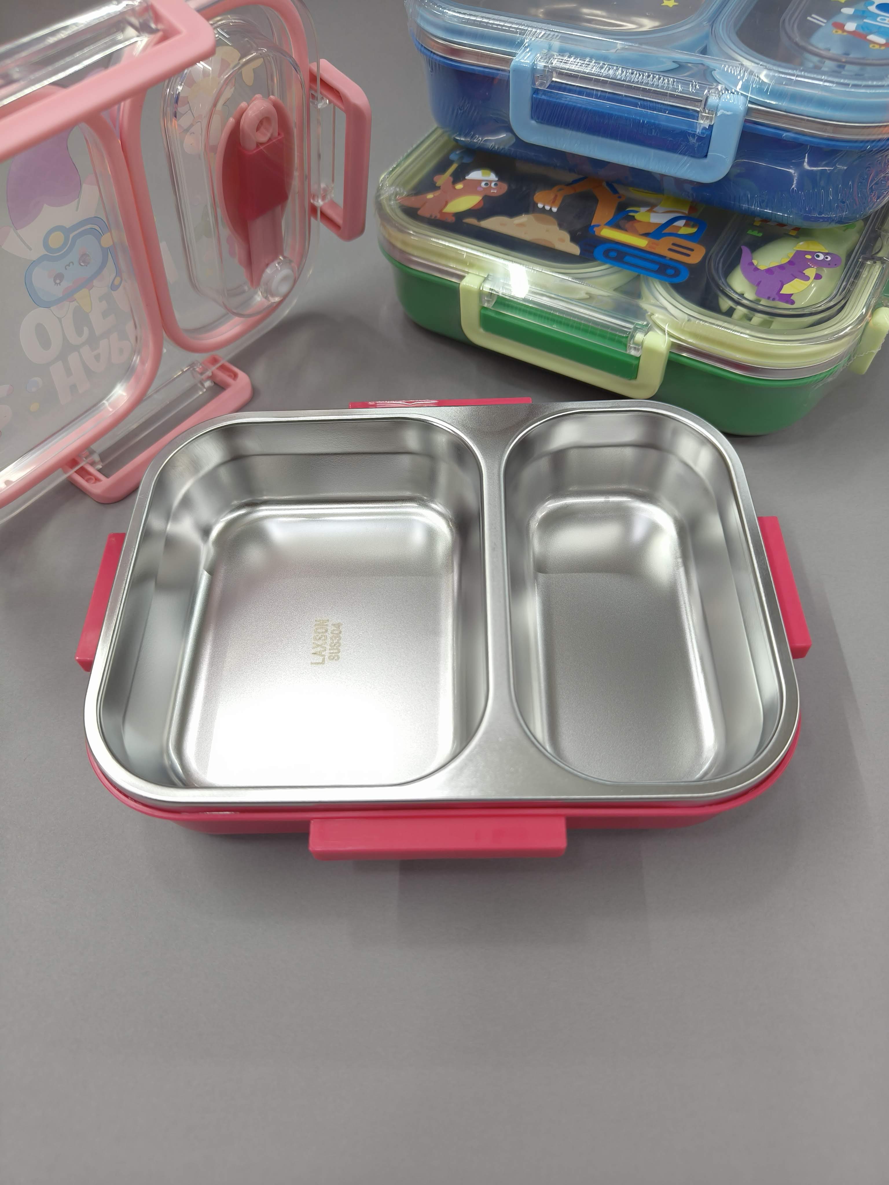 2 Compartments Stainless Steel Lunch Box for Kids | 600ml SS 304 Leakproof Lunch Box with Spoon-Fork | Cute Cartoon Bento Box | BPA-Free School Lunch Box