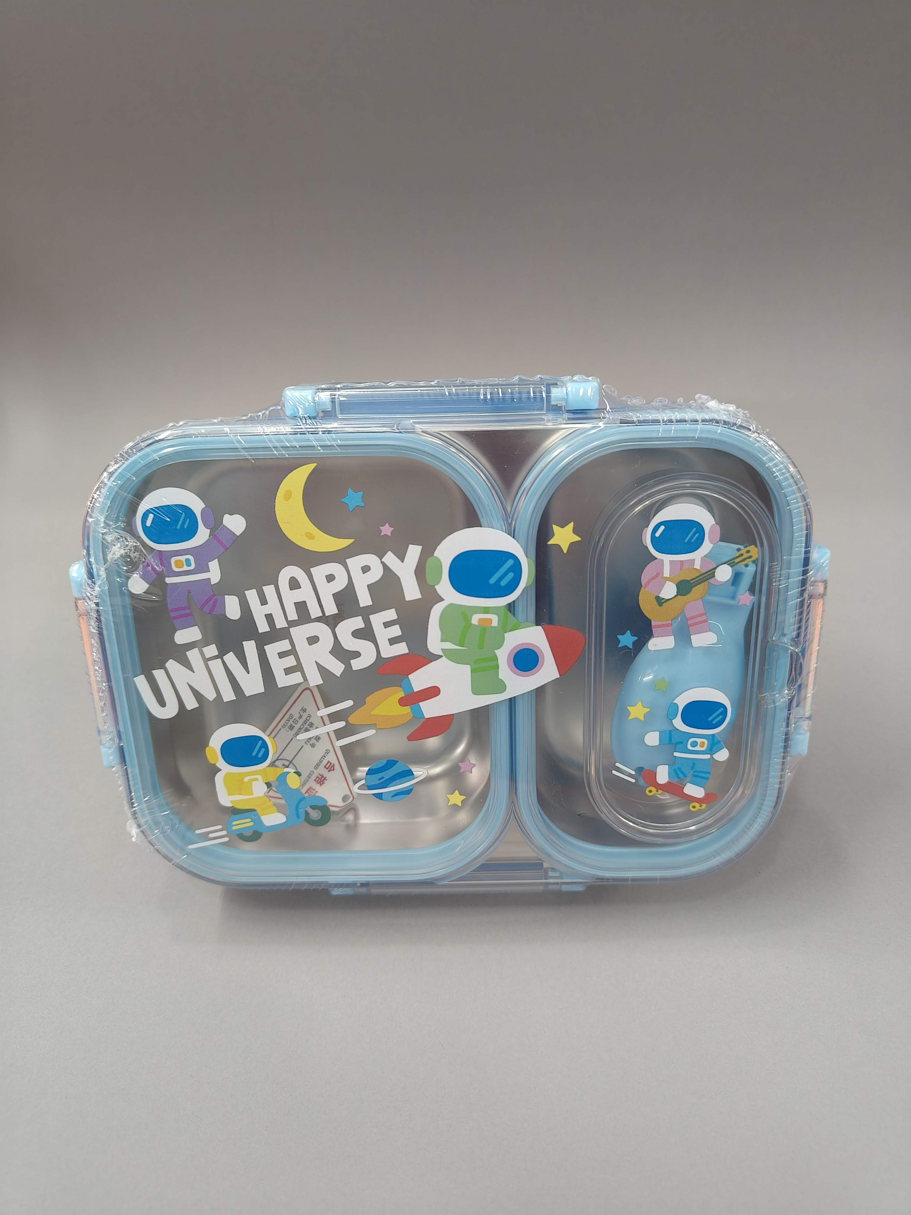 2 Compartments Stainless Steel Lunch Box for Kids | 600ml SS 304 Leakproof Lunch Box with Spoon-Fork | Cute Cartoon Bento Box | BPA-Free School Lunch Box