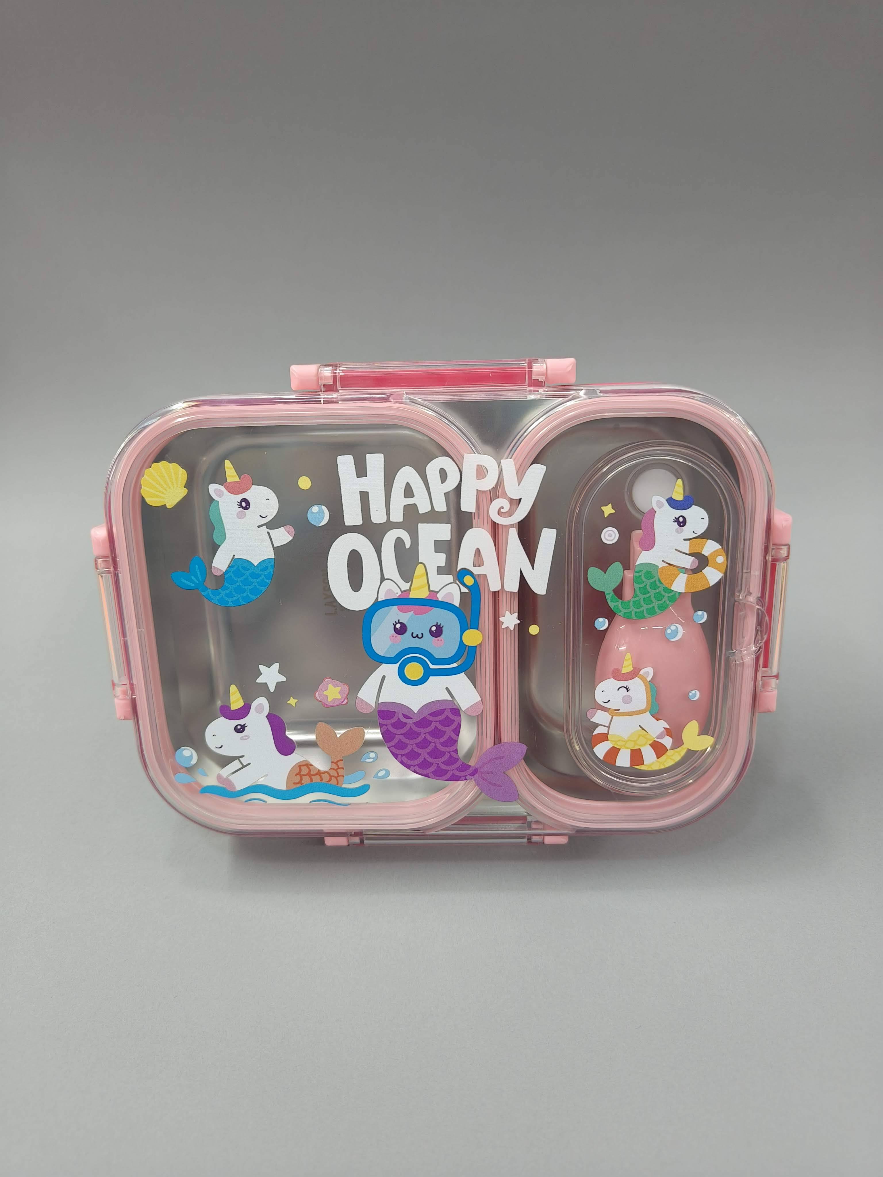 2 Compartments Stainless Steel Lunch Box for Kids | 600ml SS 304 Leakproof Lunch Box with Spoon-Fork | Cute Cartoon Bento Box | BPA-Free School Lunch Box