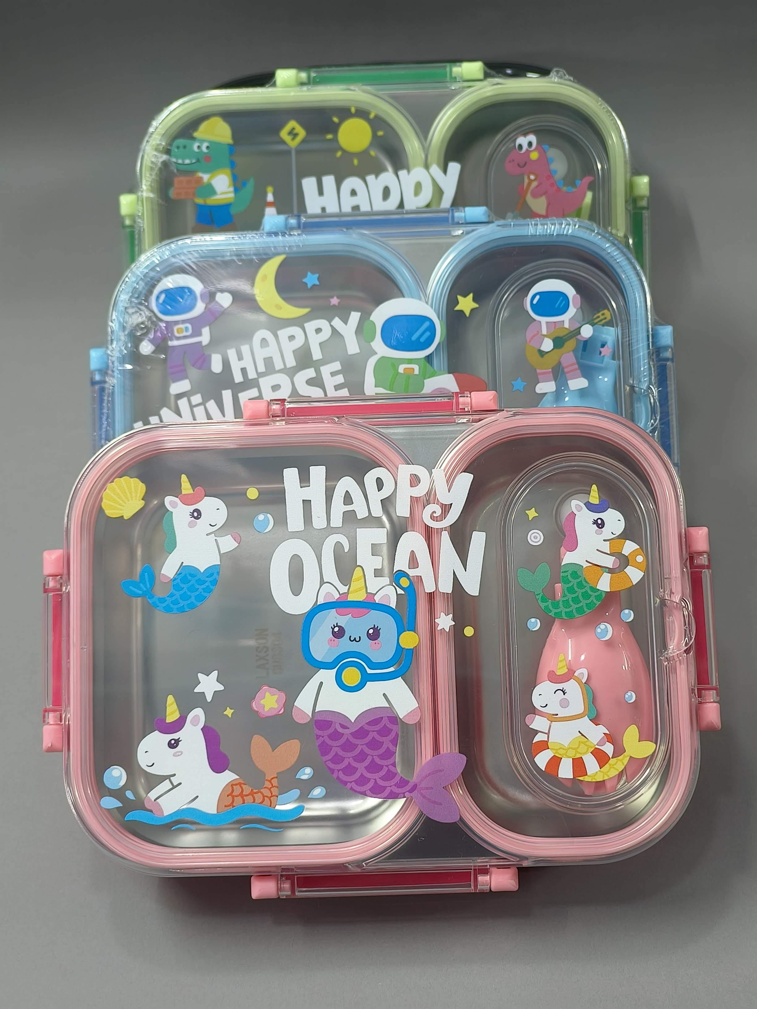 2 Compartments Stainless Steel Lunch Box for Kids | 600ml SS 304 Leakproof Lunch Box with Spoon-Fork | Cute Cartoon Bento Box | BPA-Free School Lunch Box
