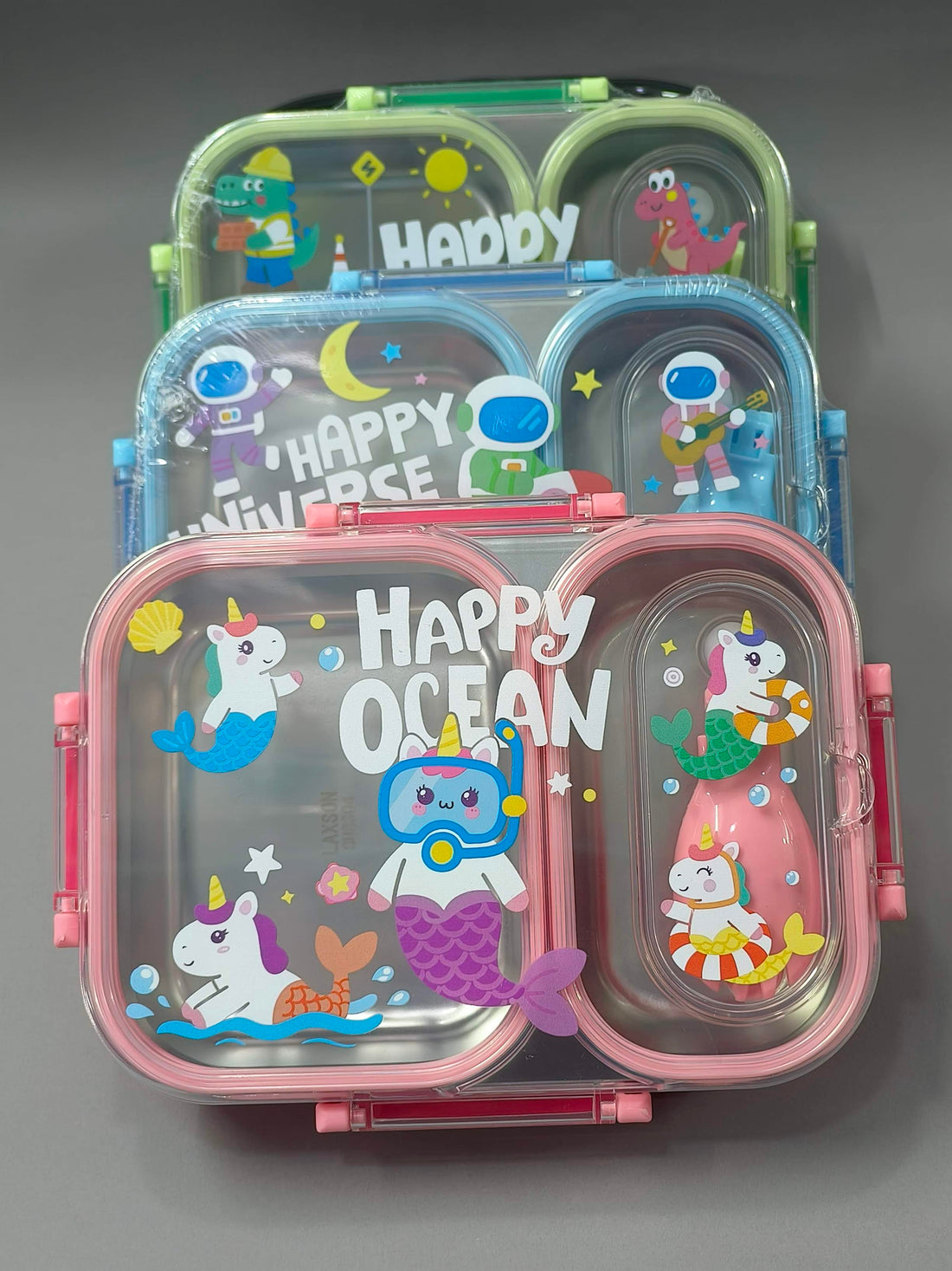 2 Compartments Stainless Steel Lunch Box for Kids | 600ml SS 304 Leakproof Lunch Box with Spoon-Fork | Cute Cartoon Bento Box | BPA-Free School Lunch Box