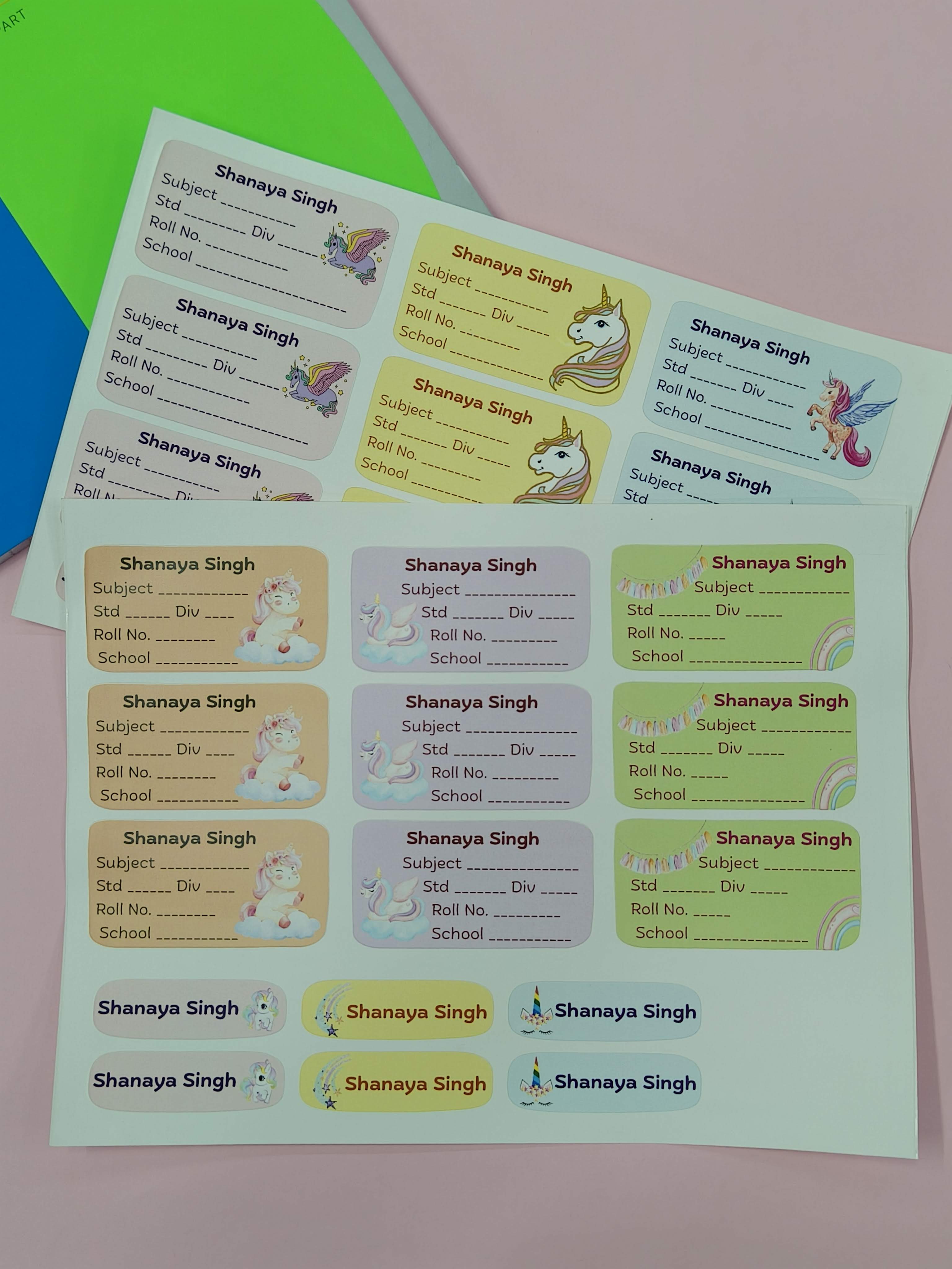 Personalized School Lables and Name Stickers | Unicorn Theme School Lables and Name Stickers | Custome Waterproof Name Label for Books, Notebooks, Water Bottles, Tiffins, Stationery, 27 Pieces