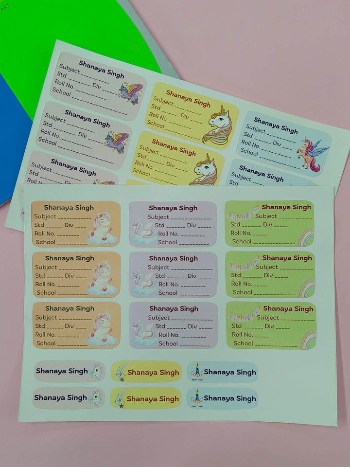 Personalized School Lables and Name Stickers | Unicorn Theme School Lables and Name Stickers | Custome Waterproof Name Label for Books, Notebooks, Water Bottles, Tiffins, Stationery, 27 Pieces