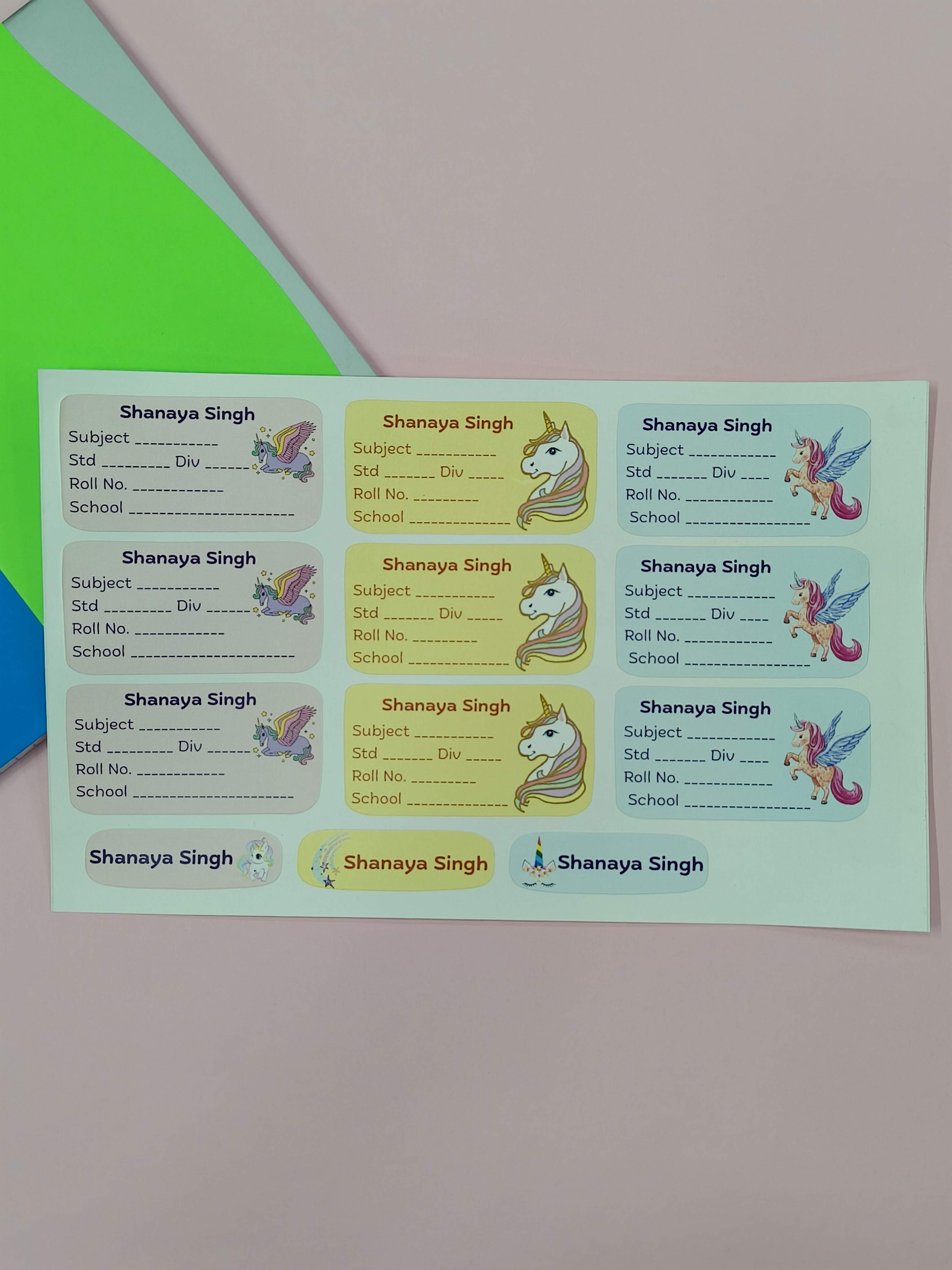 Personalized School Lables and Name Stickers | Unicorn Theme School Lables and Name Stickers | Custome Waterproof Name Label for Books, Notebooks, Water Bottles, Tiffins, Stationery, 27 Pieces