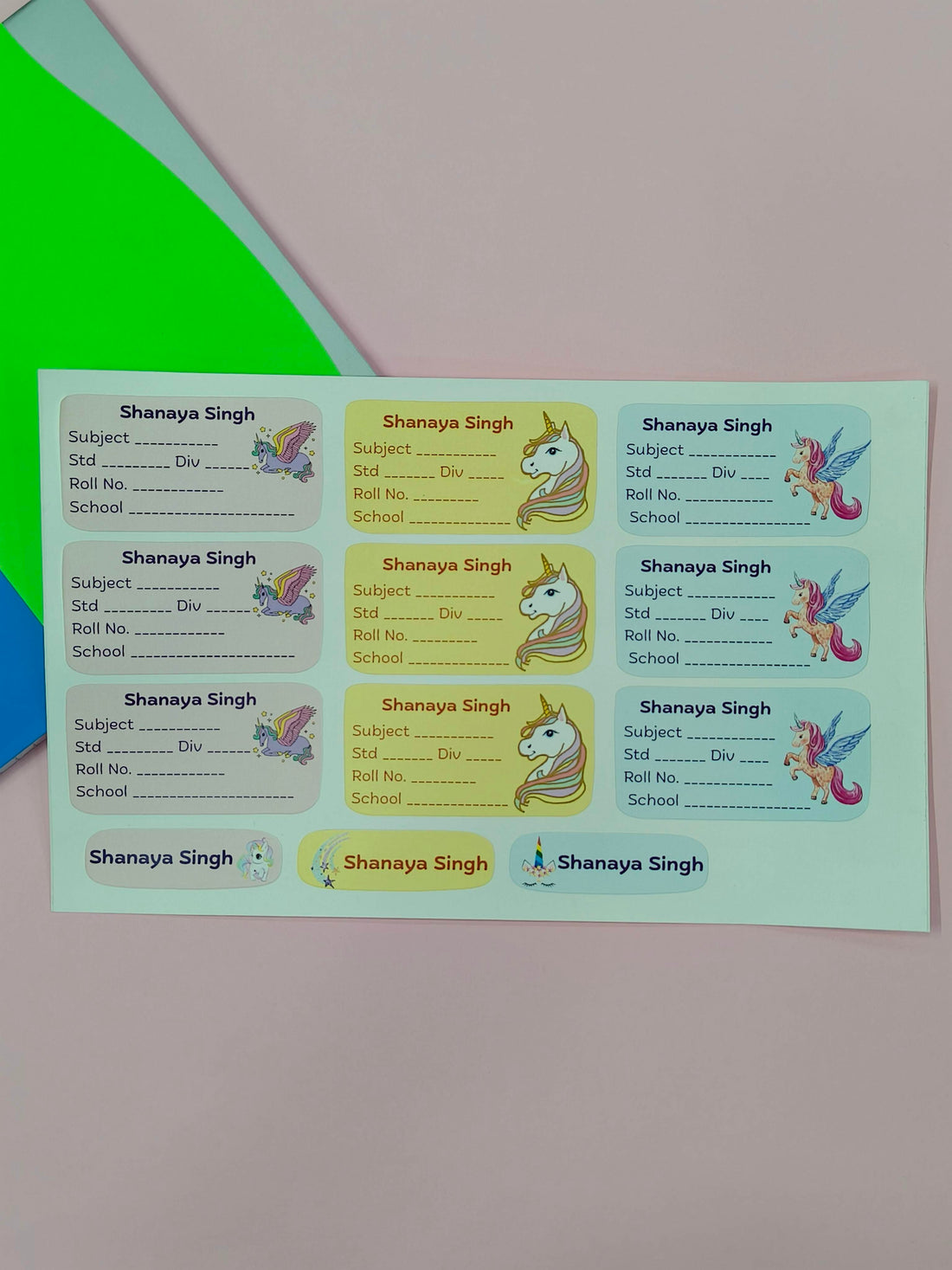 Personalized School Lables and Name Stickers | Unicorn Theme School Lables and Name Stickers | Custome Waterproof Name Label for Books, Notebooks, Water Bottles, Tiffins, Stationery, 27 Pieces