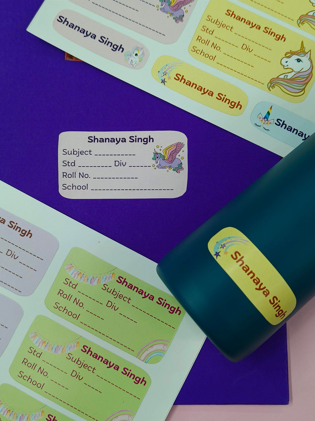 Personalized School Lables and Name Stickers | Unicorn Theme School Lables and Name Stickers | Custome Waterproof Name Label for Books, Notebooks, Water Bottles, Tiffins, Stationery, 27 Pieces