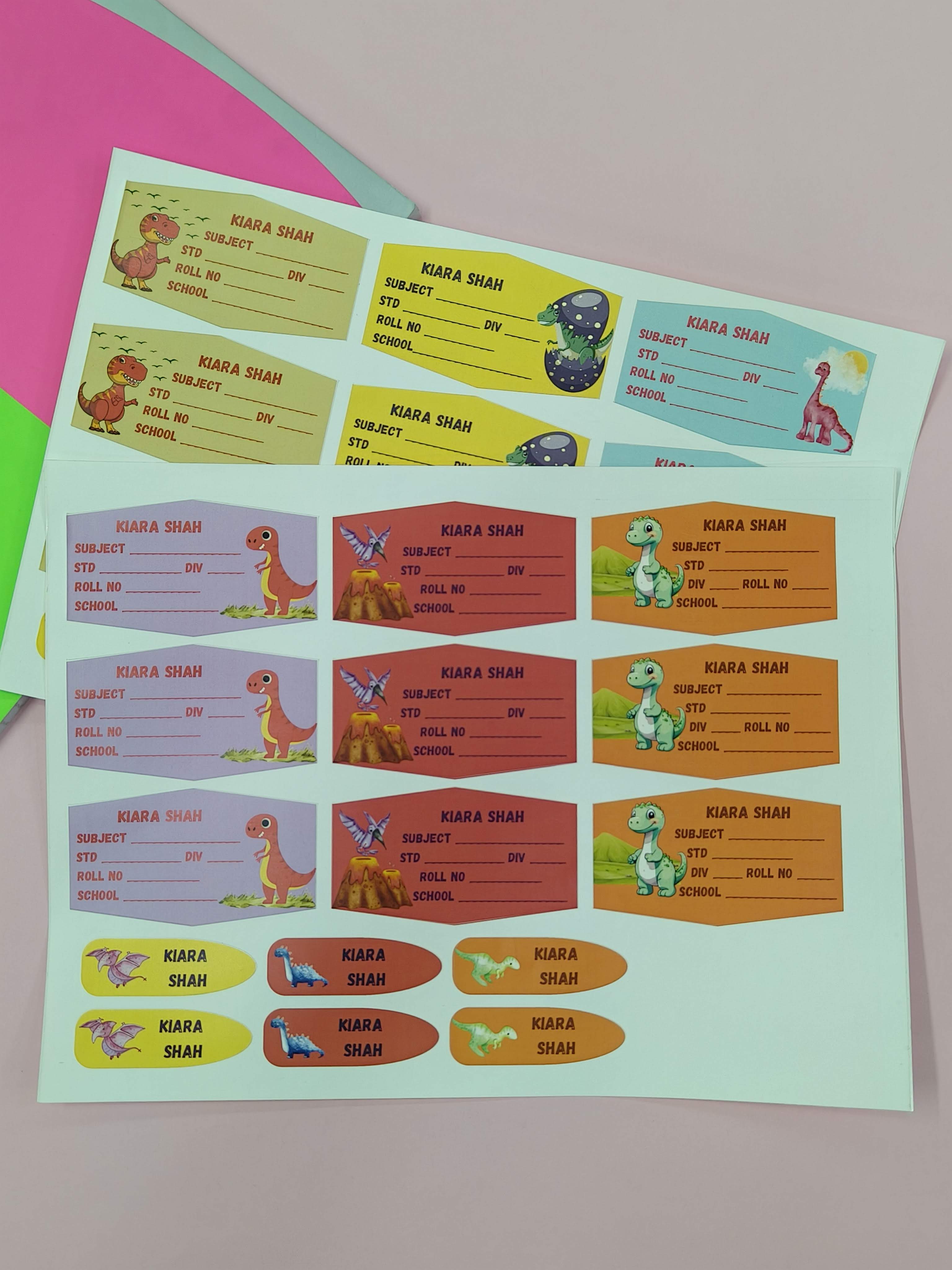 Personalized School Lables and Name Stickers | Dinosaur Theme School Lables and Name Stickers | Custome Waterproof Name Label for Books, Notebooks, Water Bottles, Tiffins, Stationery, 27 Pieces