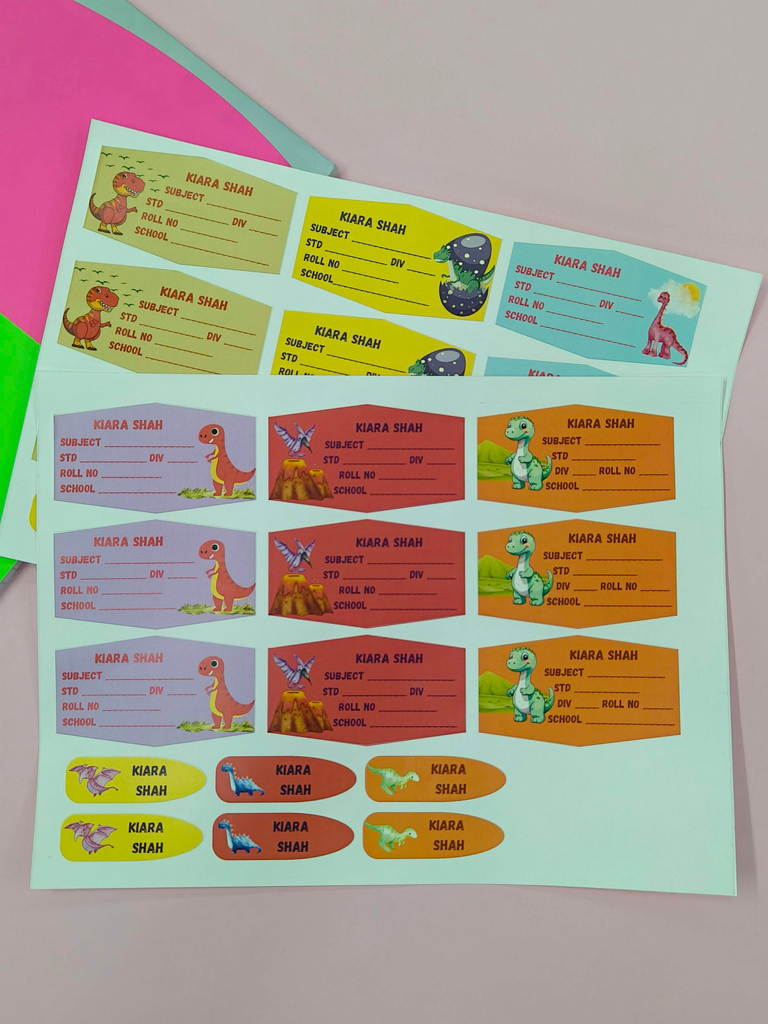 Personalized School Lables and Name Stickers | Dinosaur Theme School Lables and Name Stickers | Custome Waterproof Name Label for Books, Notebooks, Water Bottles, Tiffins, Stationery, 27 Pieces