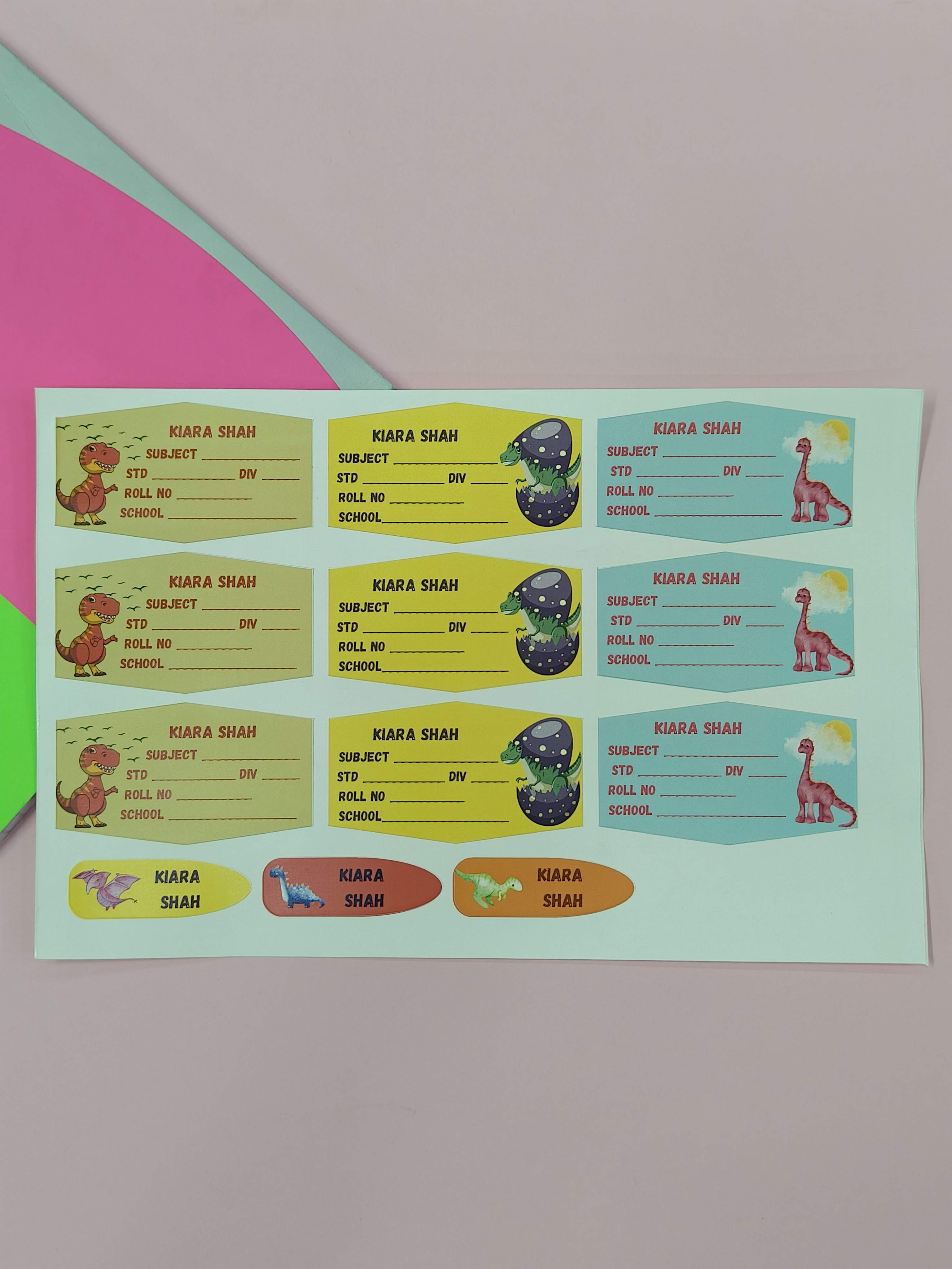 Personalized School Lables and Name Stickers | Dinosaur Theme School Lables and Name Stickers | Custome Waterproof Name Label for Books, Notebooks, Water Bottles, Tiffins, Stationery, 27 Pieces