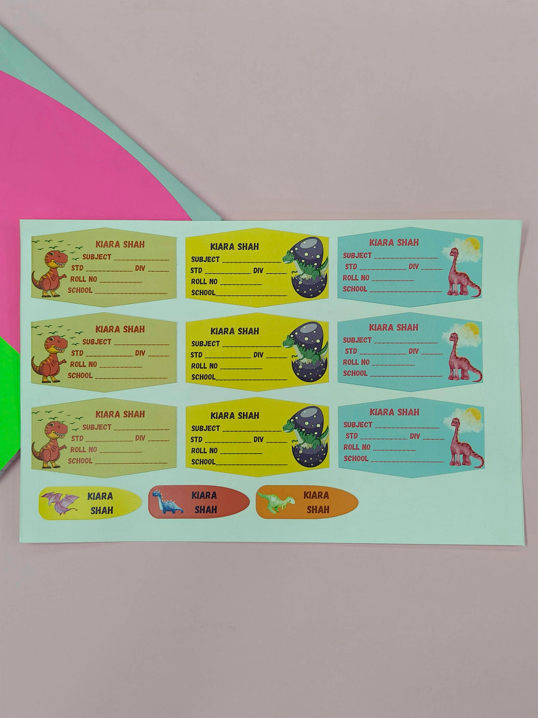 Personalized School Lables and Name Stickers | Dinosaur Theme School Lables and Name Stickers | Custome Waterproof Name Label for Books, Notebooks, Water Bottles, Tiffins, Stationery, 27 Pieces