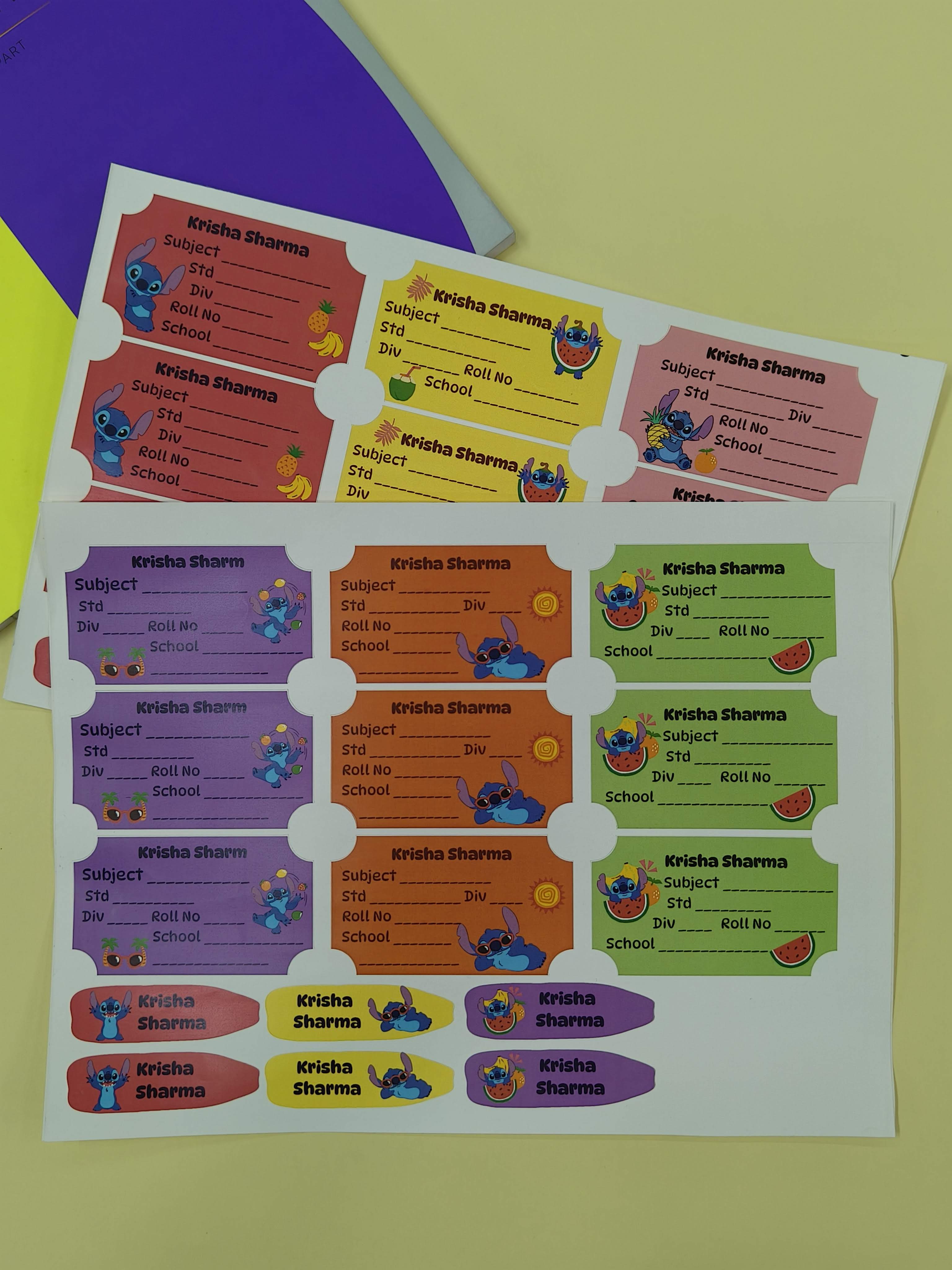 Personalized School Lables and Name Stickers | Stitch Theme School Lables and Name Stickers | Custome Waterproof Name Label for Books, Notebooks, Water Bottles, Tiffins, Stationery, 27 Pieces