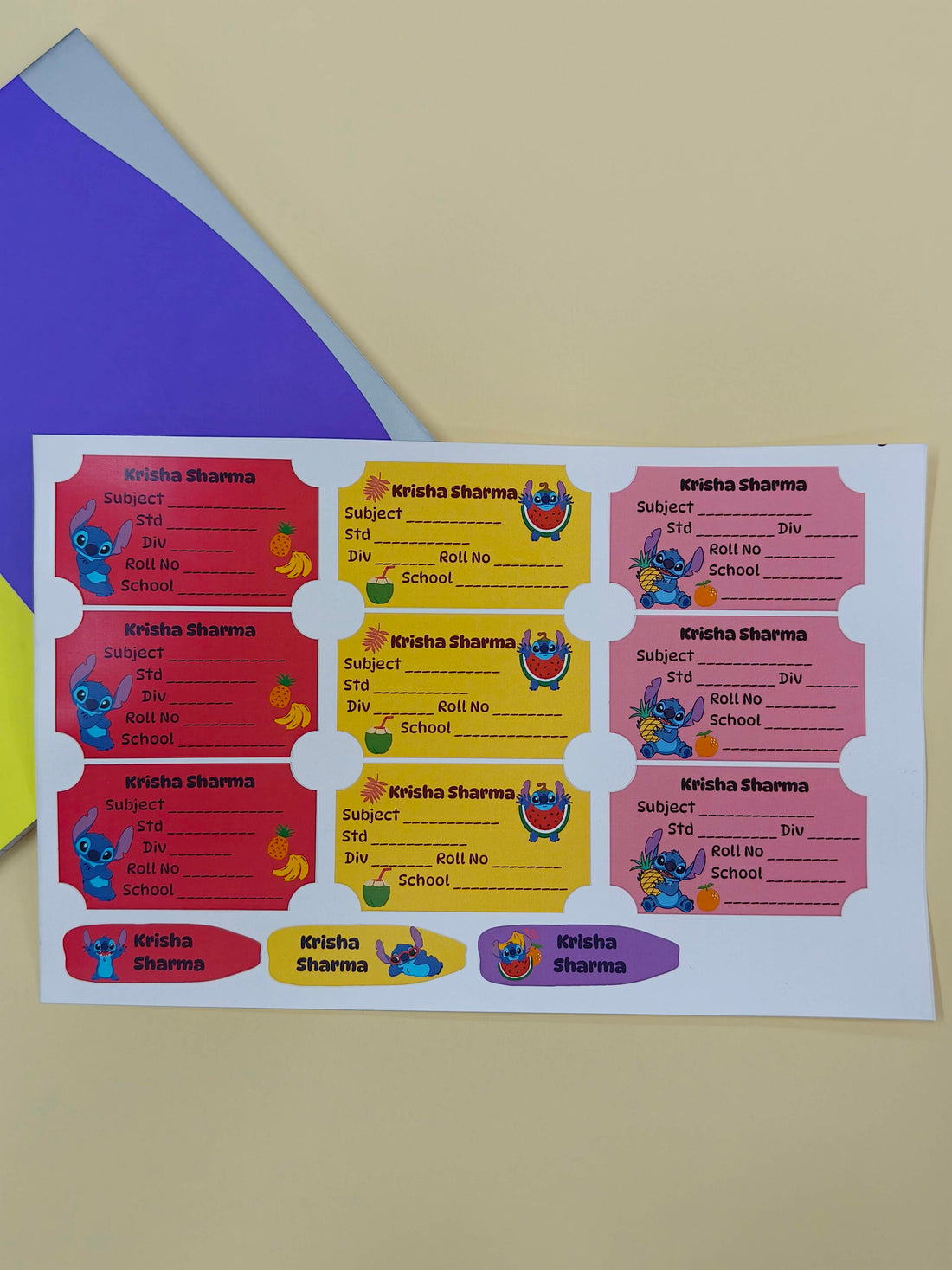 Personalized School Lables and Name Stickers | Stitch Theme School Lables and Name Stickers | Custome Waterproof Name Label for Books, Notebooks, Water Bottles, Tiffins, Stationery, 27 Pieces