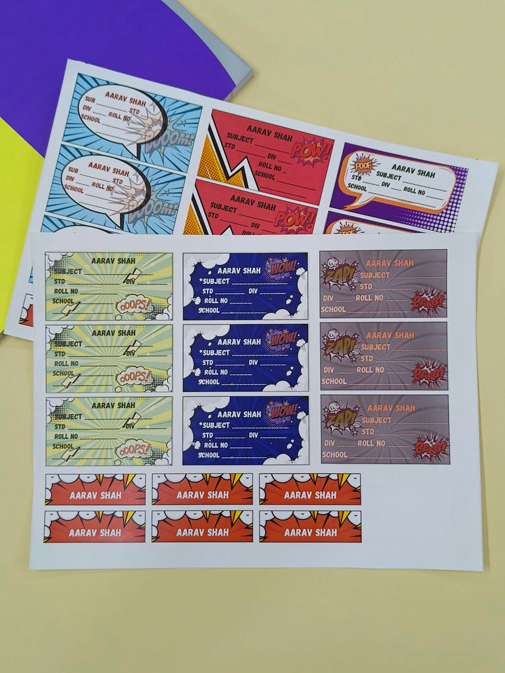 Personalized School Lables and Name Stickers | Comic Theme School Lables and Name Stickers | Custome Waterproof Name Label for Books, Notebooks, Water Bottles, Tiffins, Stationery, 27 Pieces