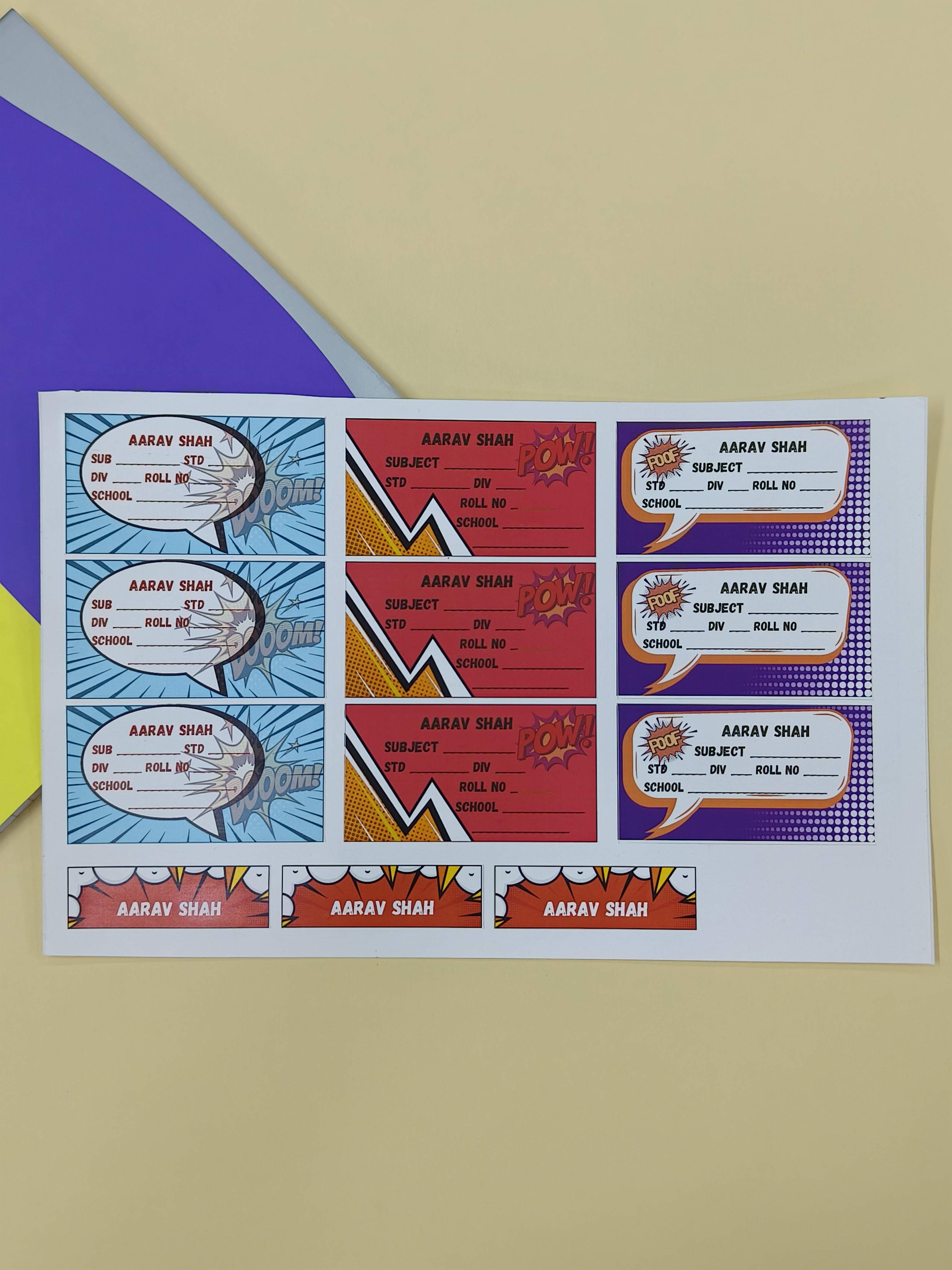 Personalized School Lables and Name Stickers | Comic Theme School Lables and Name Stickers | Custome Waterproof Name Label for Books, Notebooks, Water Bottles, Tiffins, Stationery, 27 Pieces