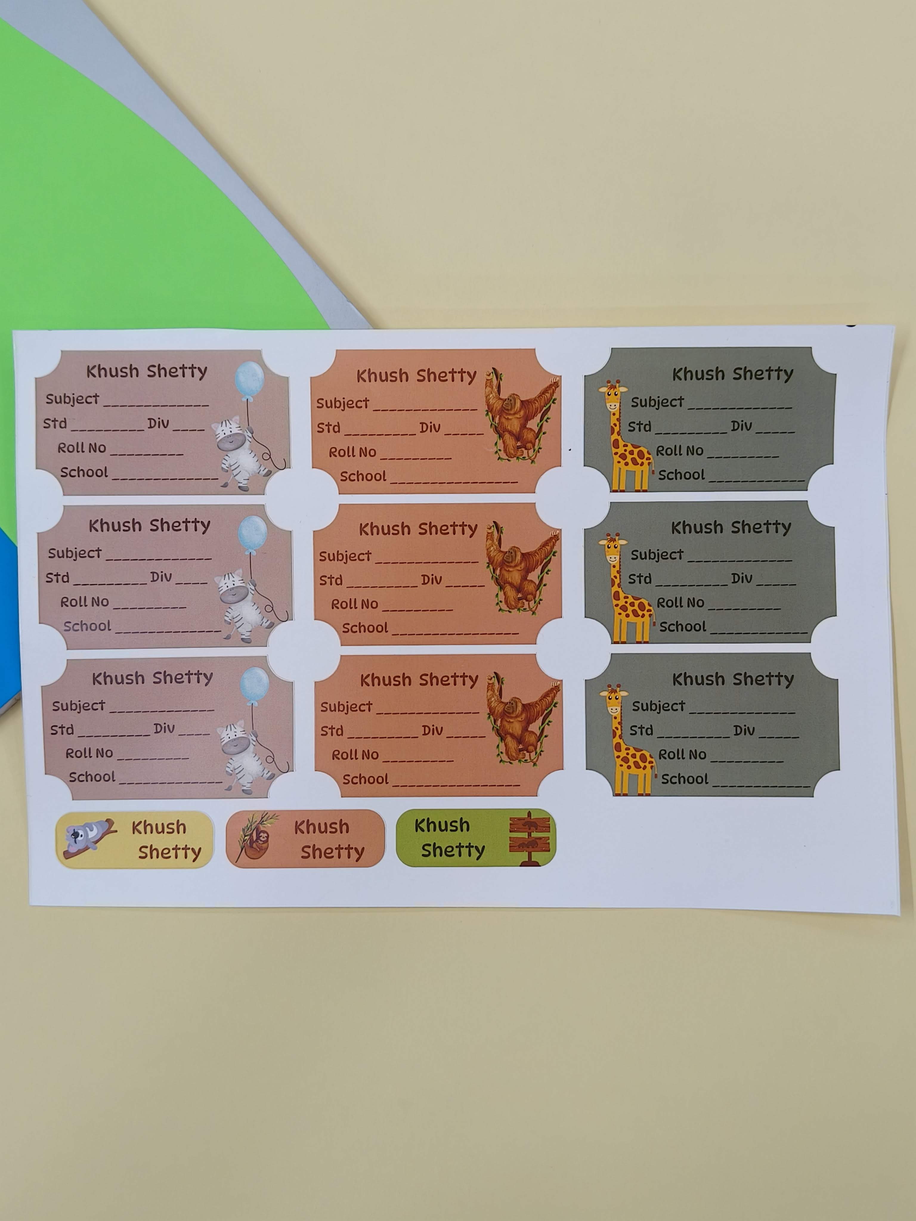 Personalized School Lables and Name Stickers | Jungle Theme School Lables and Name Stickers | Custome Waterproof Name Label for Books, Notebooks, Water Bottles, Tiffins, Stationery, 27 Pieces