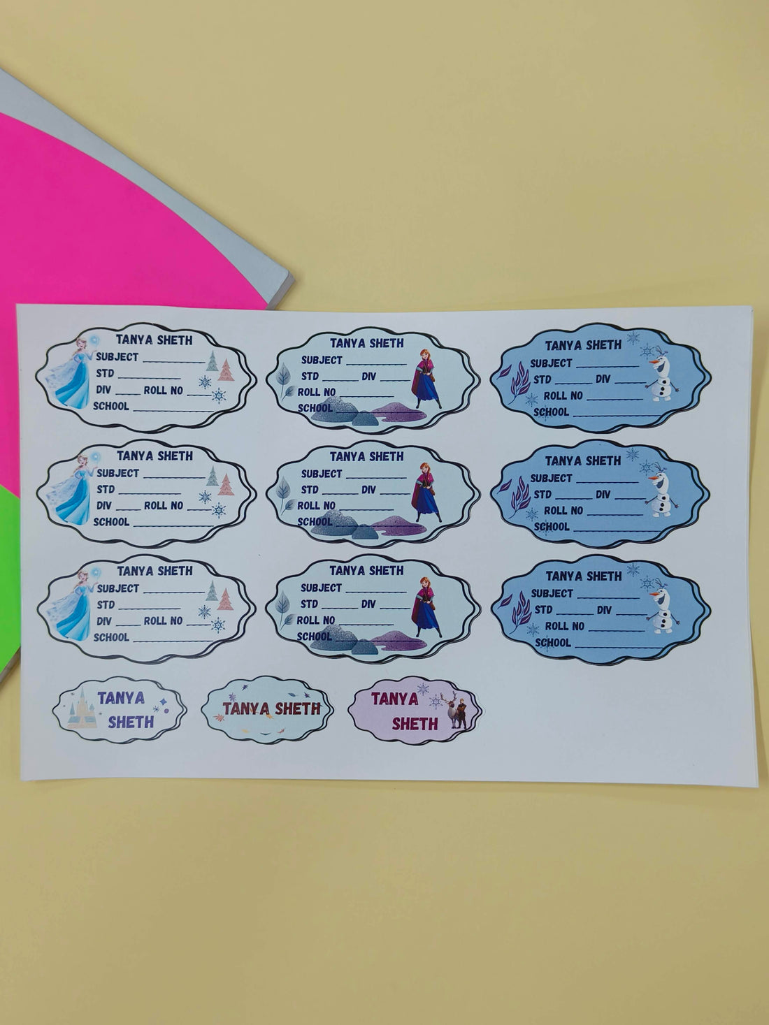 Personalized School Lables and Name Stickers | Frozen Theme School Lables and Name Stickers | Custome Waterproof Name Label for Books, Notebooks, Water Bottles, Tiffins, Stationery, 27 Pieces