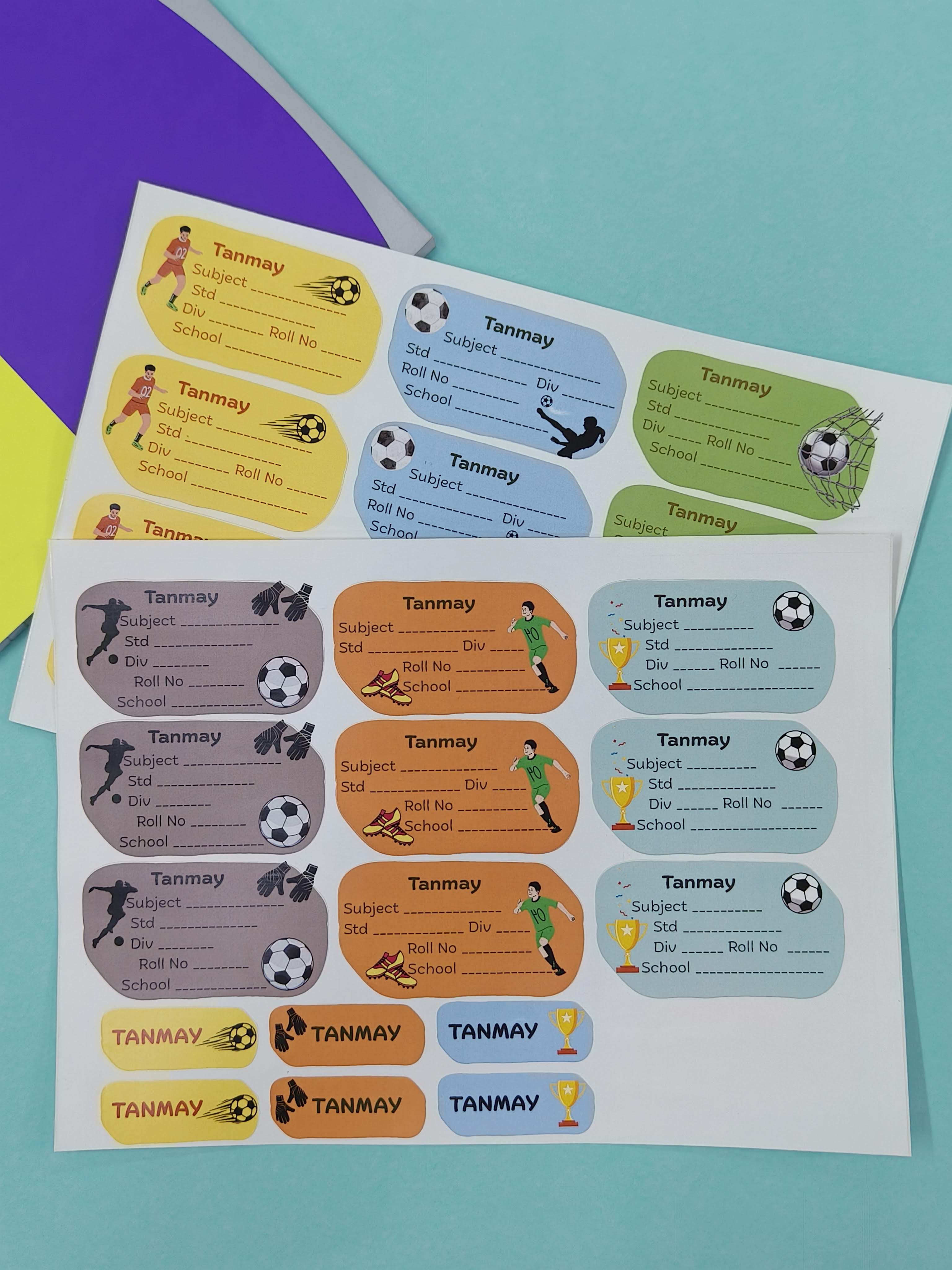 Personalized School Lables and Name Stickers | Football Theme School Lables and Name Stickers | Custome Waterproof Name Label for Books, Notebooks, Water Bottles, Tiffins, Stationery, 27 Pieces